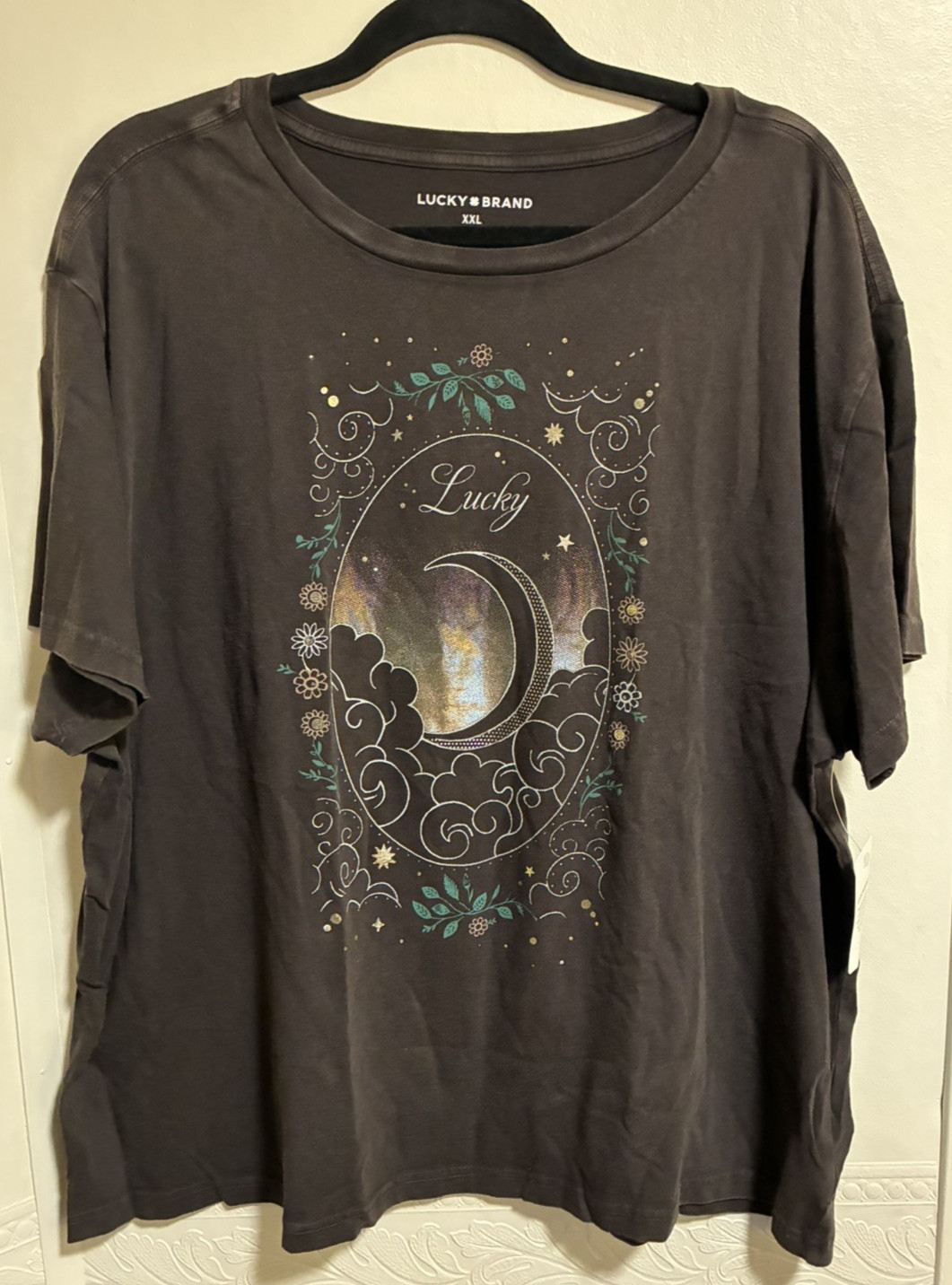 Lucky Brand Women’s Faded Black Gold Shimmer Moon S/S T-Shirt Size XXL