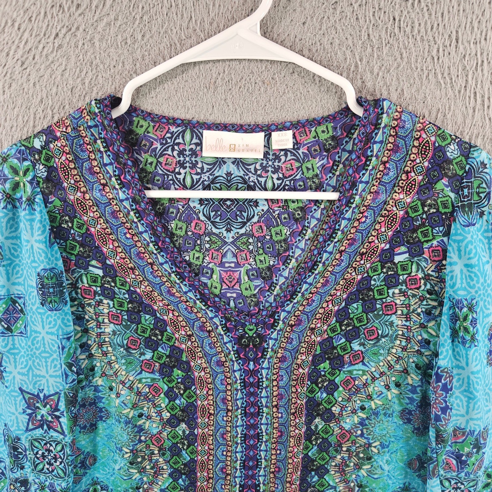 Belle by Kim Gravel Womens XXS Blue Mosaic Print Kimono Sleeve V-Neck Blouse