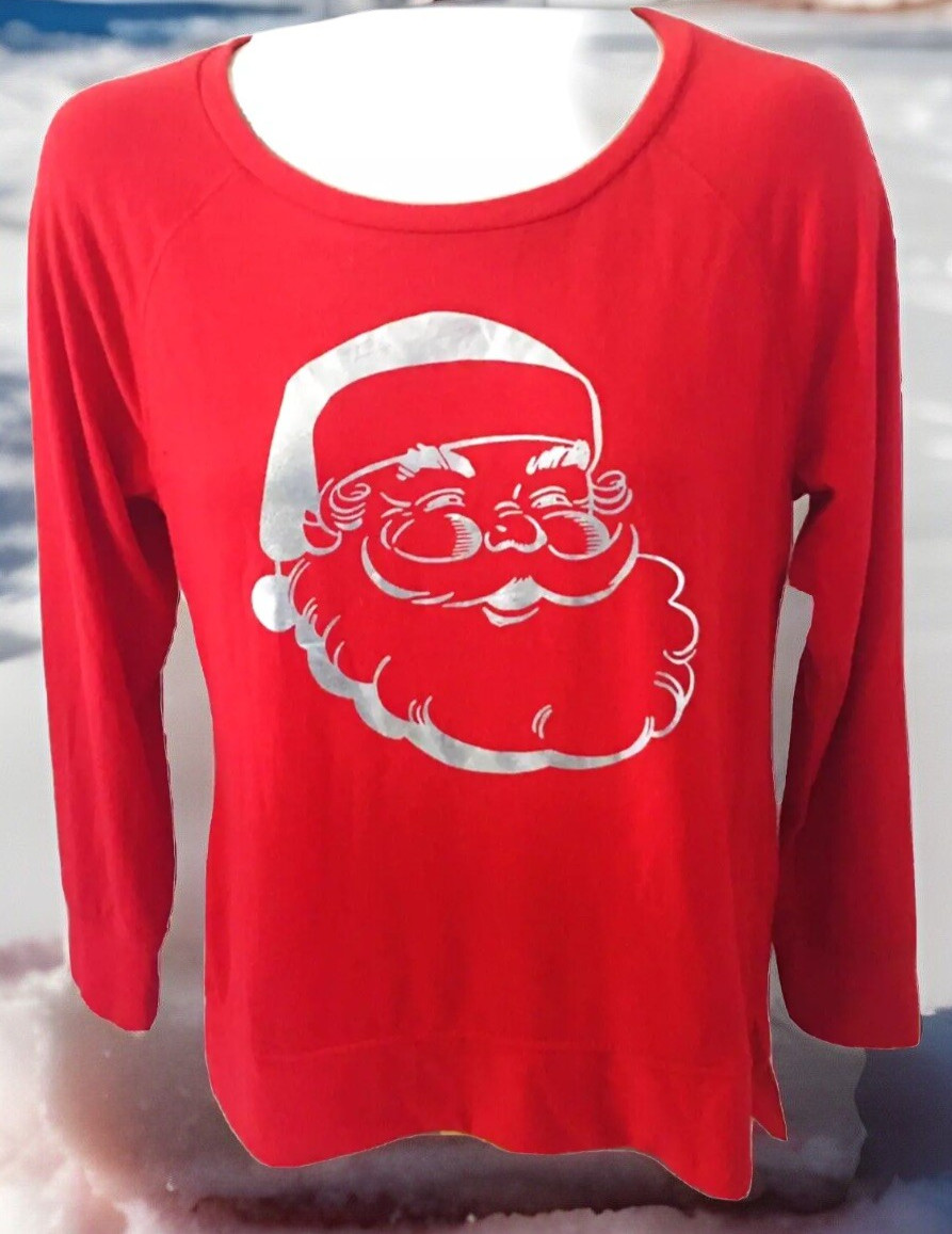 Womens Christmas Top Red Silver Santa Long Sleeve Dropped Hem Size S New