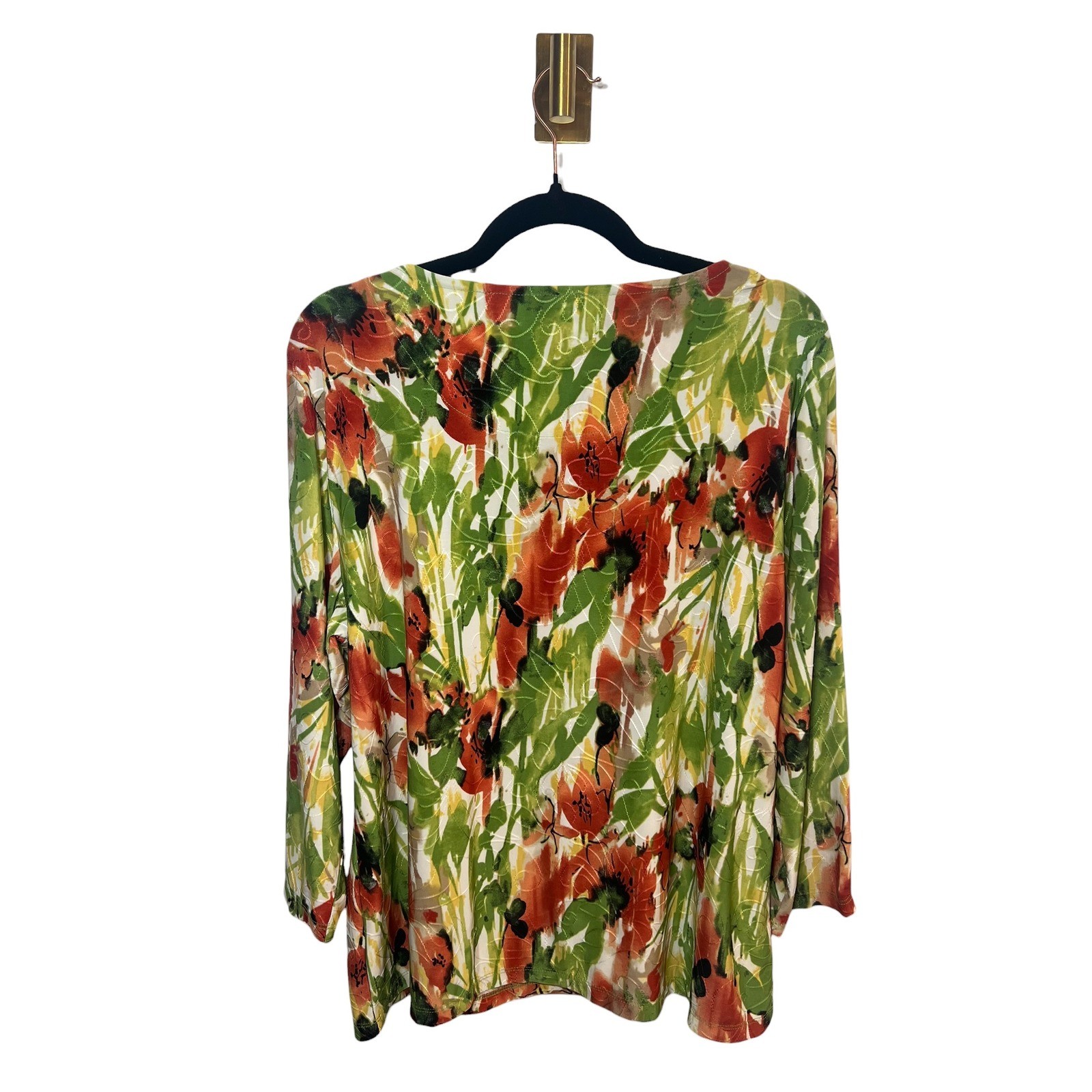 Floral Abstract Textured 3/4 Sleeve Artistic Blouse Casual Green Orange XL