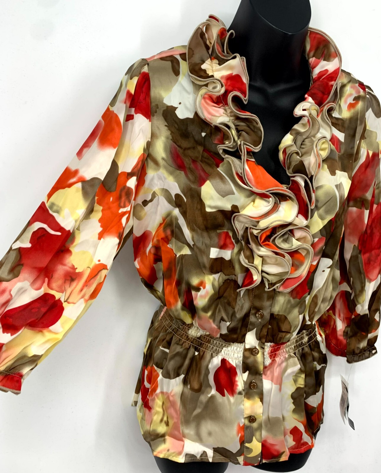 AGB Blouse Multicolor Ruffle Button Front Stretch Waist Womens Small