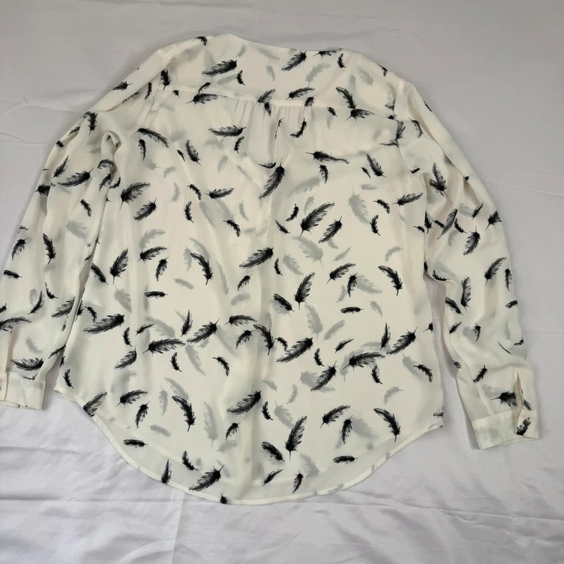 Jacques Vert Blouse UK 14 White Black Feather Print Long Sleeve V Neck