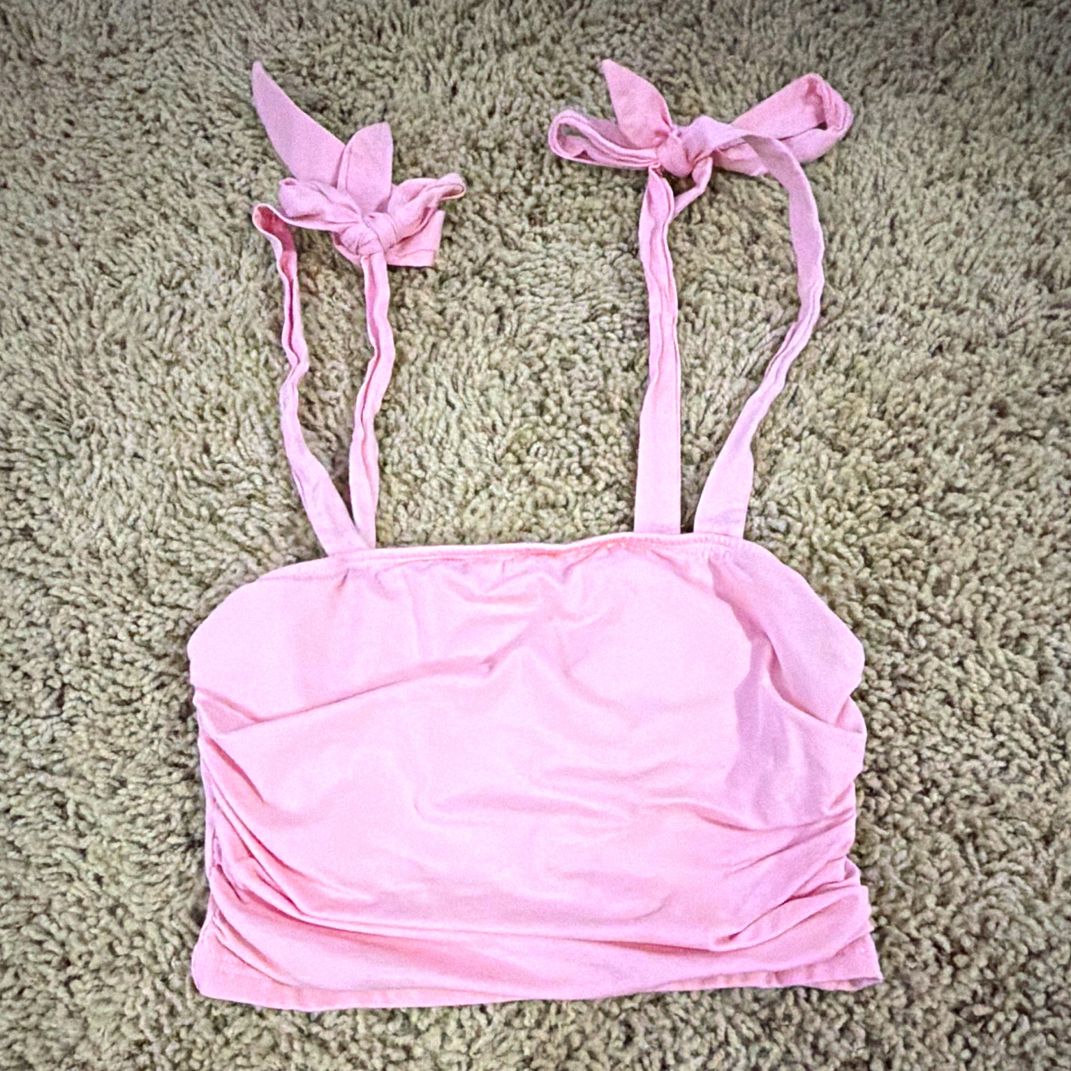 SHEIN Pink Bow Tie-Strap Cropped Camisole Top Square Neck Stretch Size S