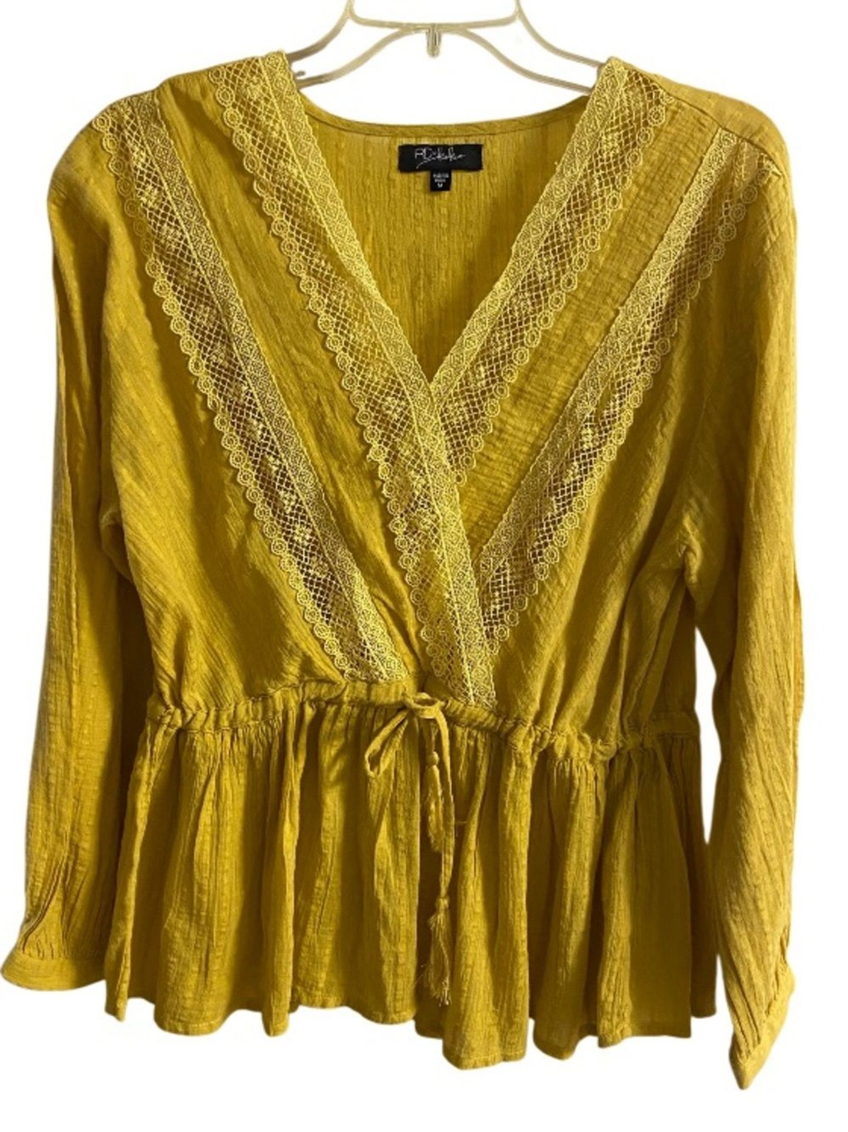 RD+KoKo Anthropologie Yellow Crochet Lace Trim Wrap Surplice Peplum Blouse M