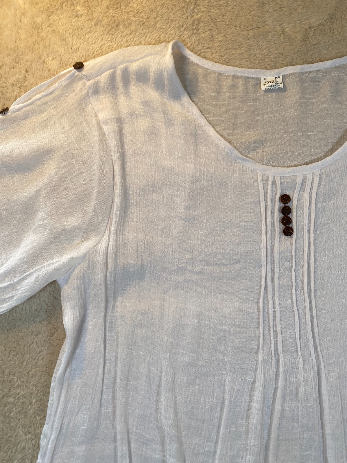 Silk and Cotton Blend Blouse Pintuck Button Accented Sleeves