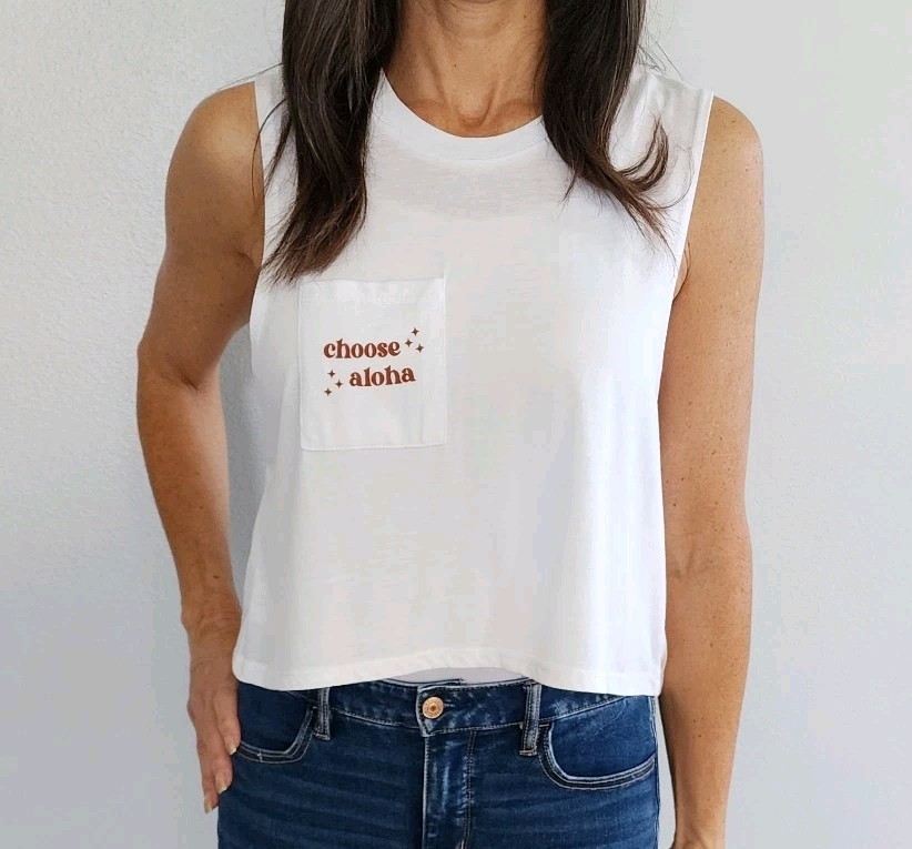 Choose Aloha Hawaii Crop Tank Top Shirt Women’s Size Medium White Rose Gold