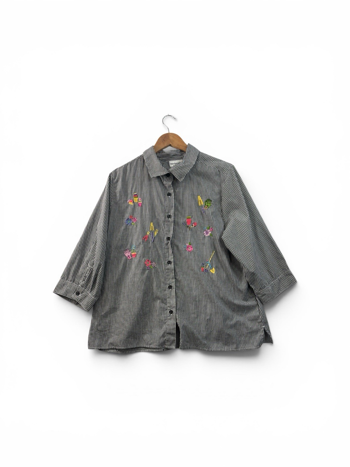 Breckenridge Blouse Womens 1X Black Gingham Embroidered 3/4 Sleeve Cottagecore