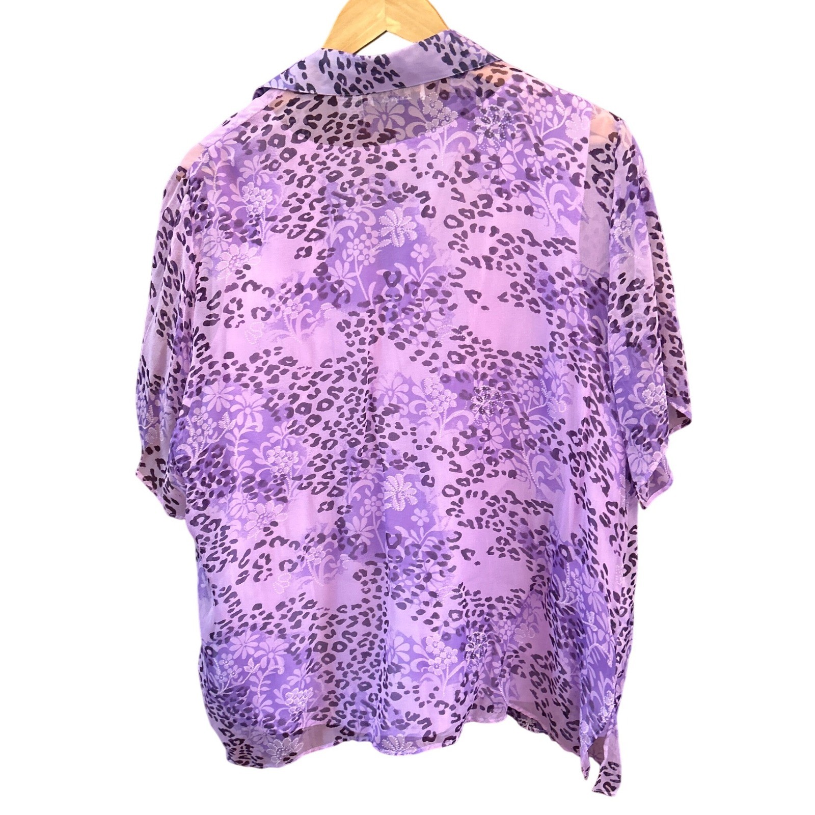 Vintage NYC Design Co Silk Floral Leopard Print Blouse 2X Purple Sheer Boho Chic