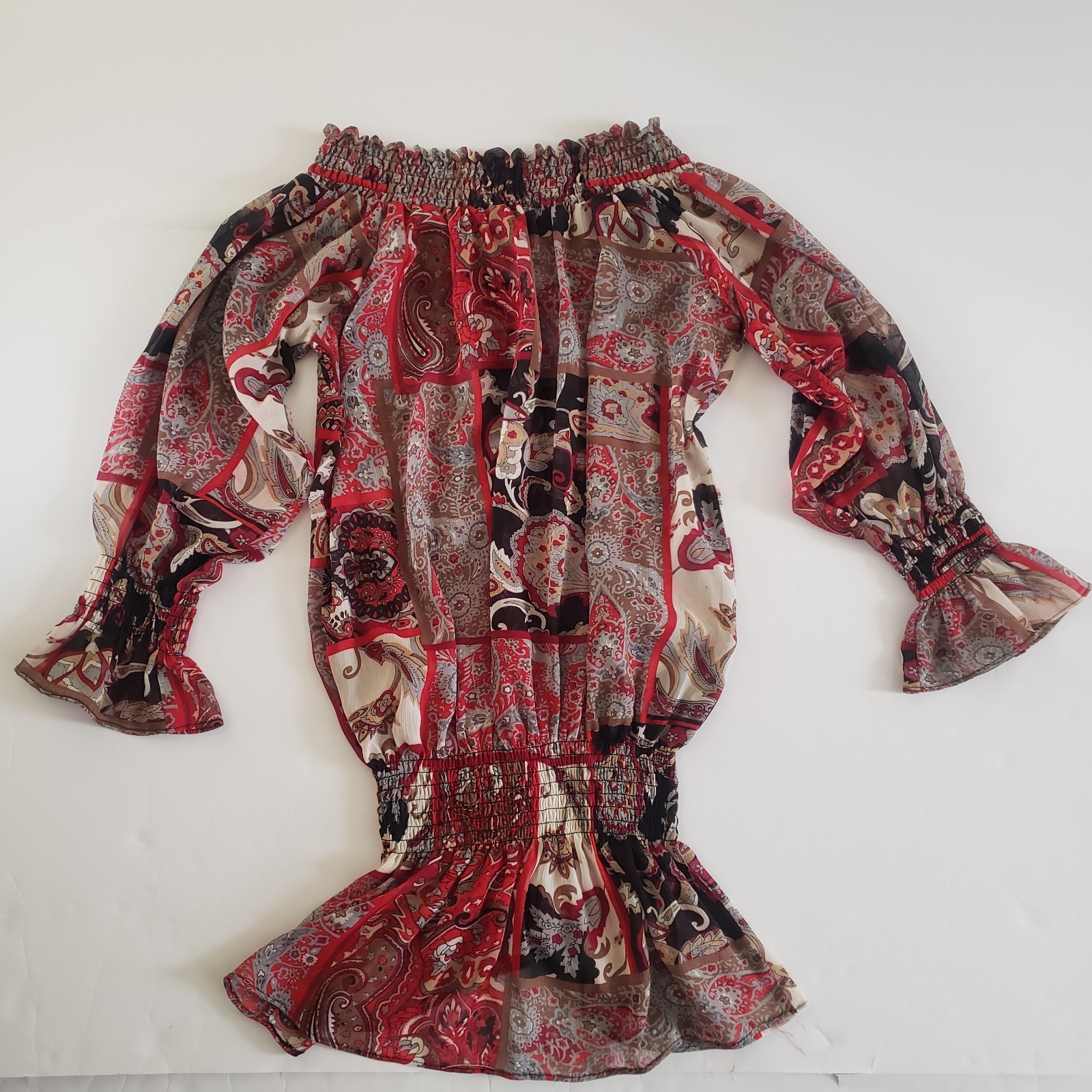 Max Bohemian Off-the-Shoulder Red Black Gray Paisley Sheer Women Blouse XS #12PJ