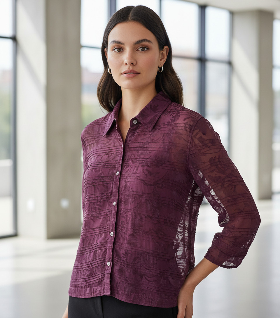 Mirasol Top Burgundy Sheer Button Burnout Office Indie Artsy Boho Chic Size M