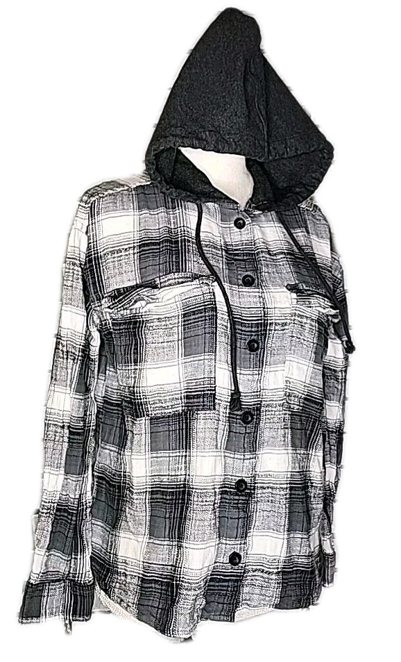 • Dash Women’s Long Sleeve Hooded Button Up Plaid Flannel Small Gray & White