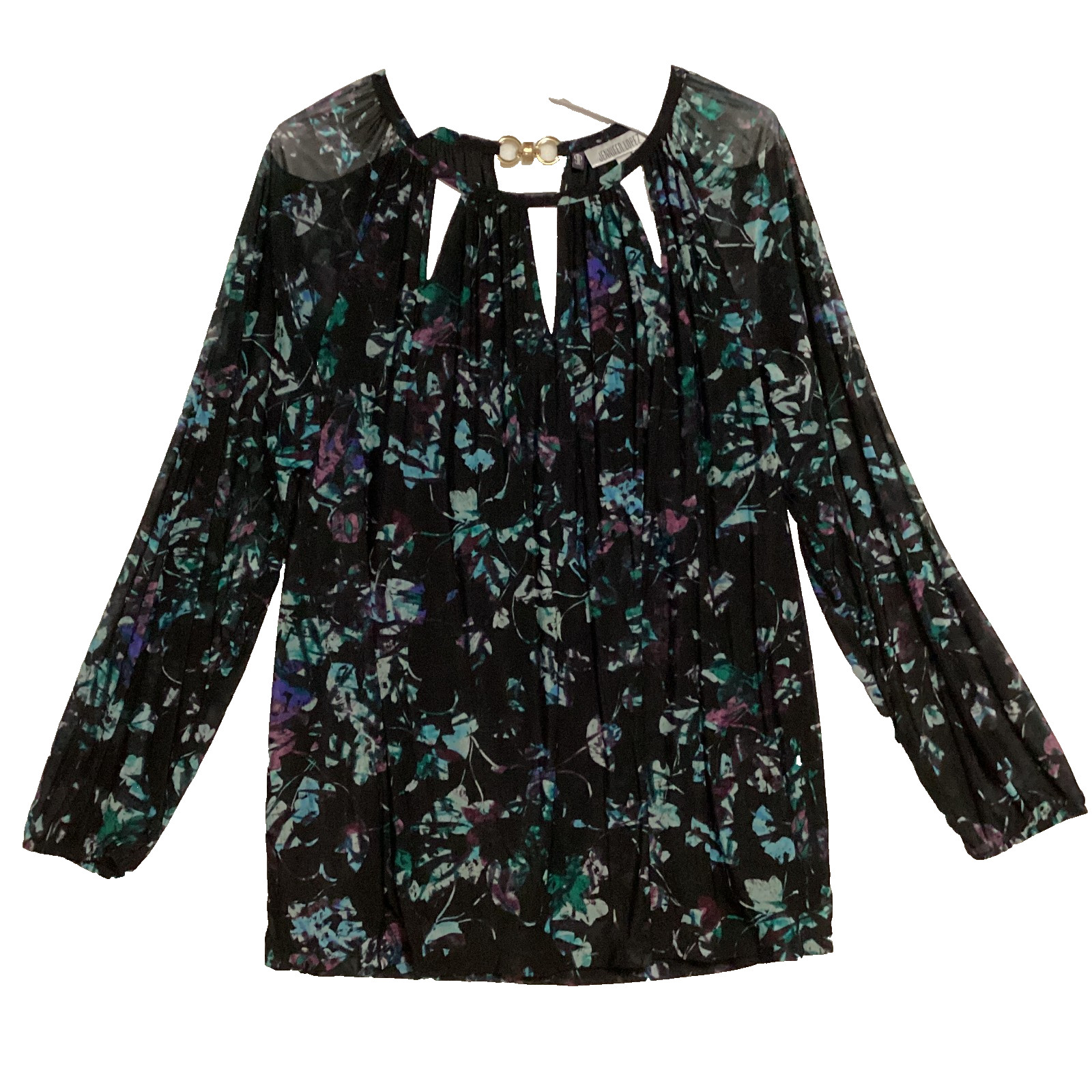 Jennifer Lopez Womens 1XL Tunic Top Black Floral Keyhole Gold Accent Long Sleeve