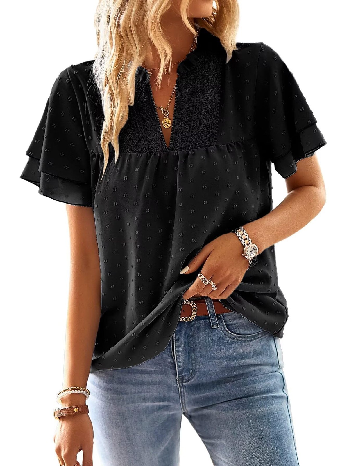 Womens Tops Summer Blouses for Women 2026 Swiss Dot Butterfly Sleeve Short Sl…