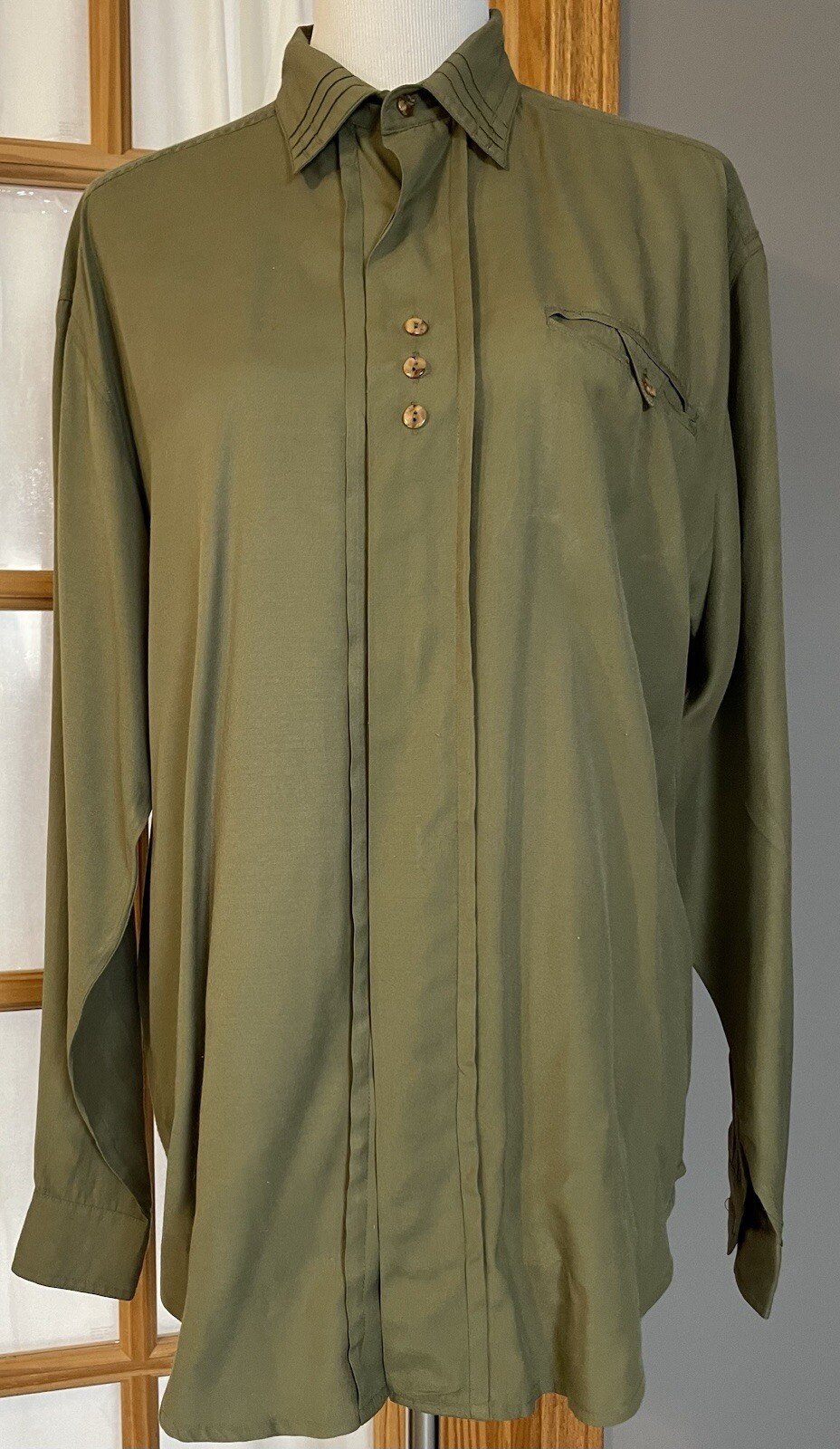 80s MILO Button Shirt Womens Sz M Olive Green Long Sleeve Party Career Classic