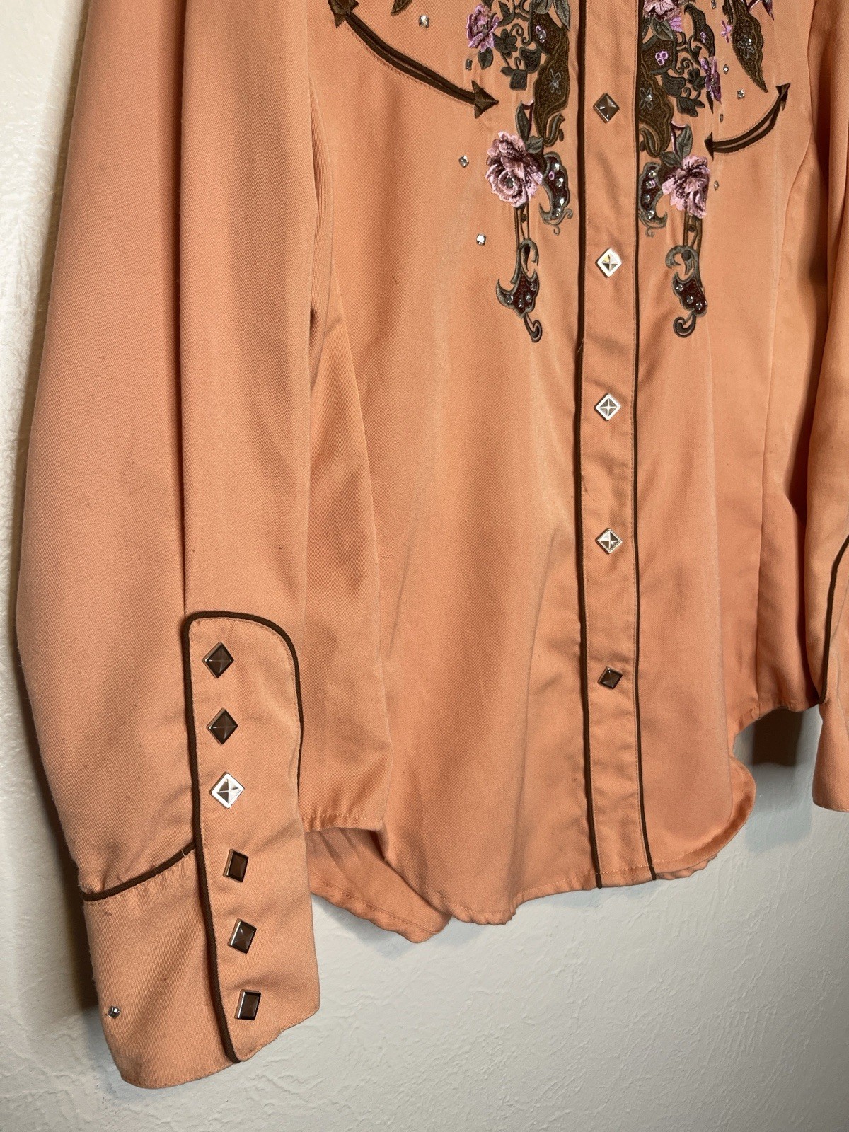 Scully Western Blouse Orange with Floral Embroidery – S/M Western Rodeo Cowgirl