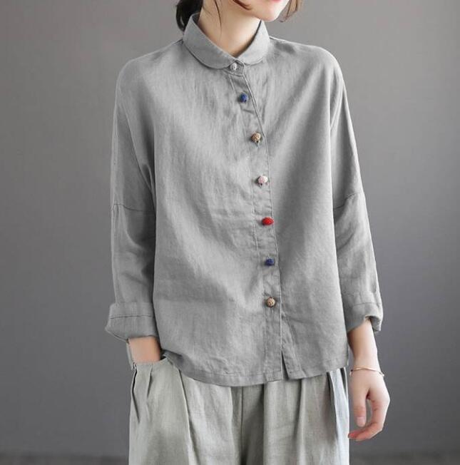New Spring/ Fall Women’s Coton linen Blouse Soild Casual Long sleeve Shirts Tops