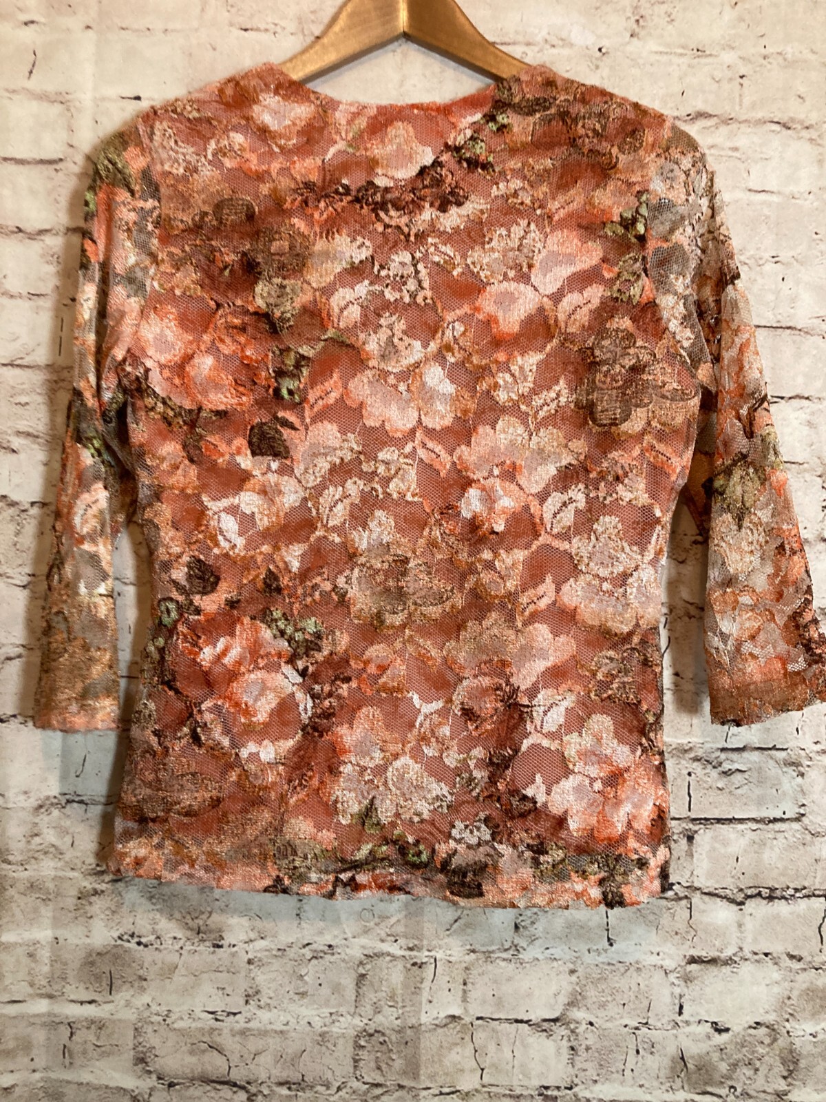 Dressbarn Top Womens Medium Peach & Pink Floral Floral Mesh Square Neck Dainty