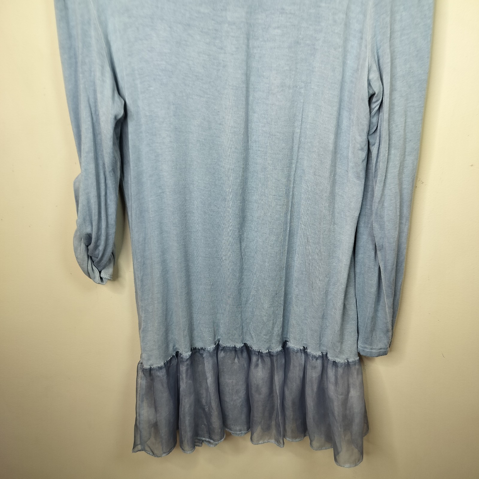 Fantazia Women’s Tunic Top M Medium Blue Stretch Knit + Chiffon Ruffle Hem