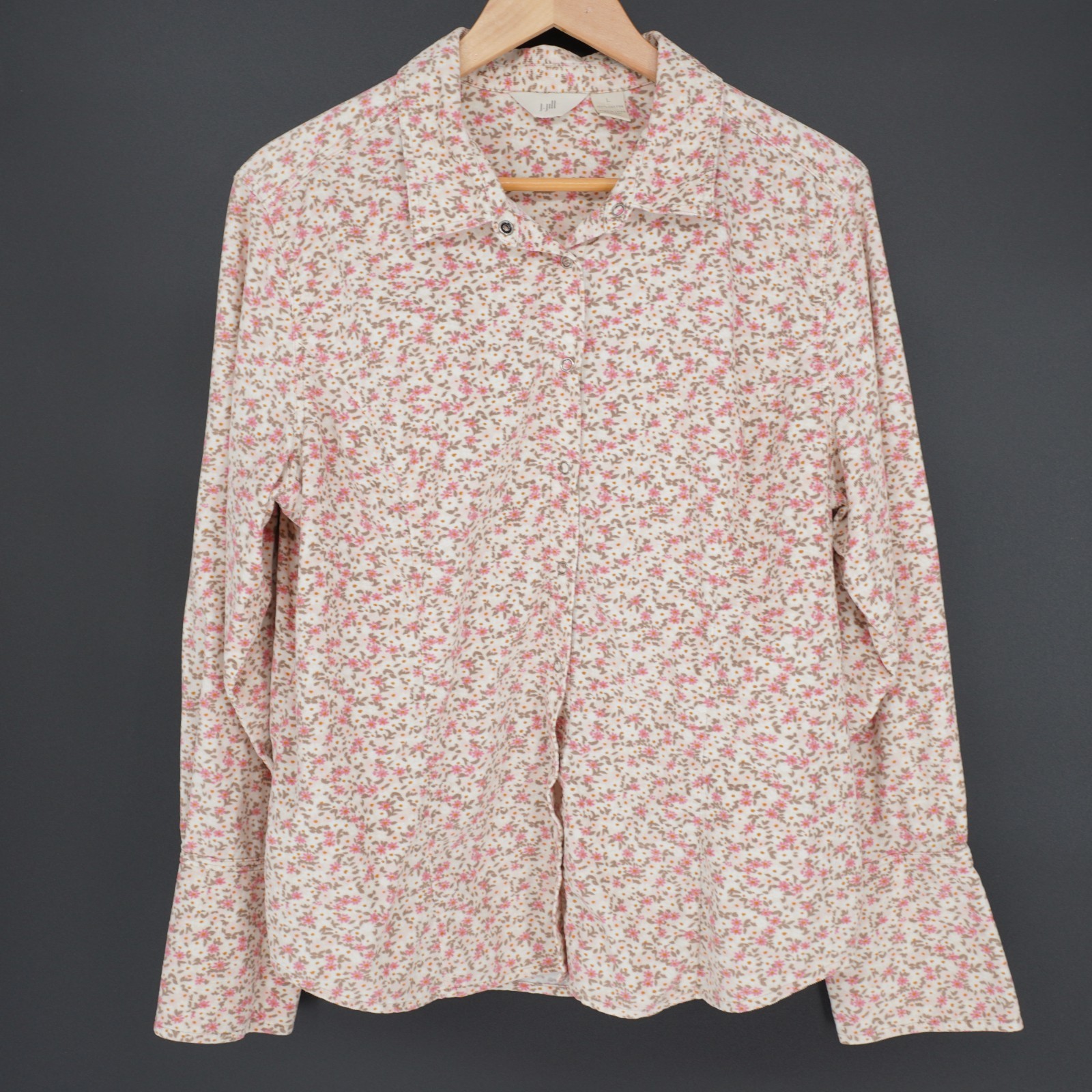 J. Jill Floral Corduroy Snap Front Shirt Women L Pink Cotton Cottagecore Classic