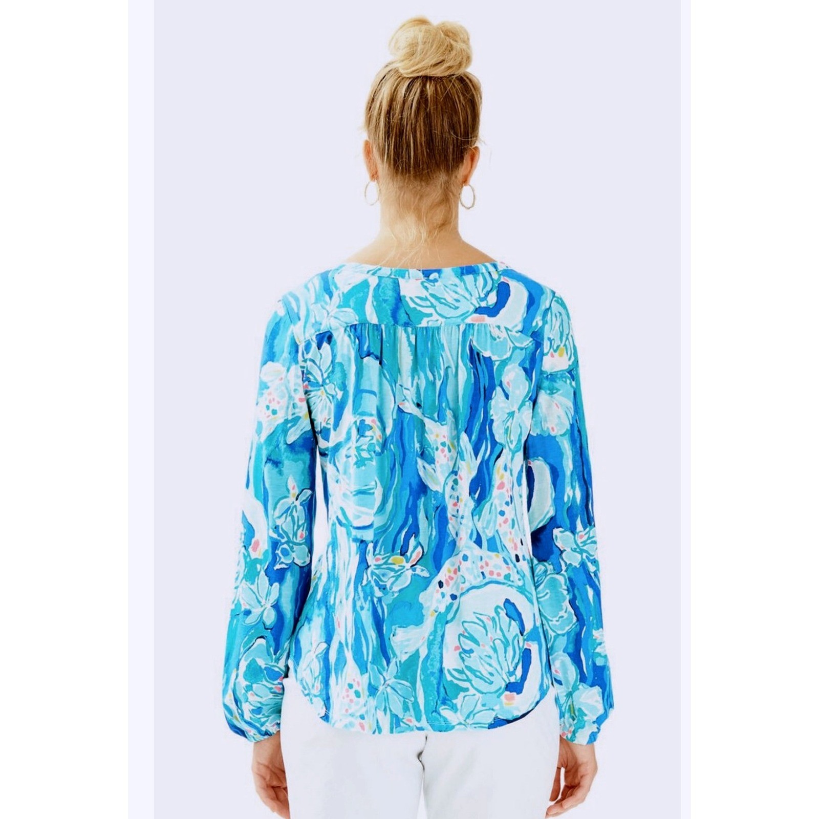 Lilly Pulitzer LILIAS Aquatic Garden Tunic Top Small Elastic Sleeve Blue