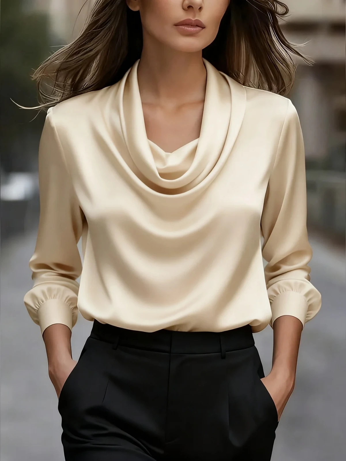 Women’s Satin Cowl Neck Blouse – Elegant Long Sleeve Top for Office & Evening We