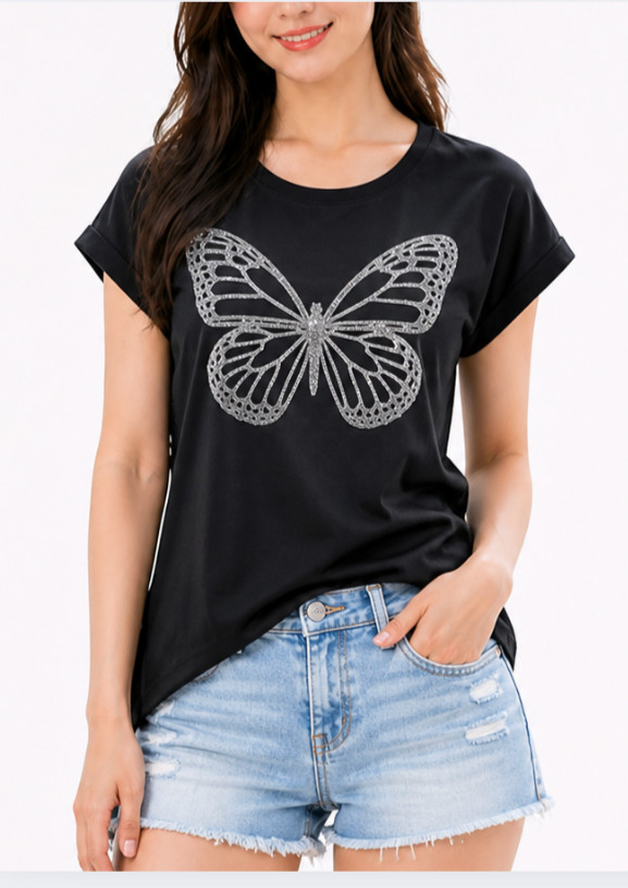 Women Black Butterfly Rhinestone Bling T-Shirt Cap Sleeve Stretch Top Size S NWT