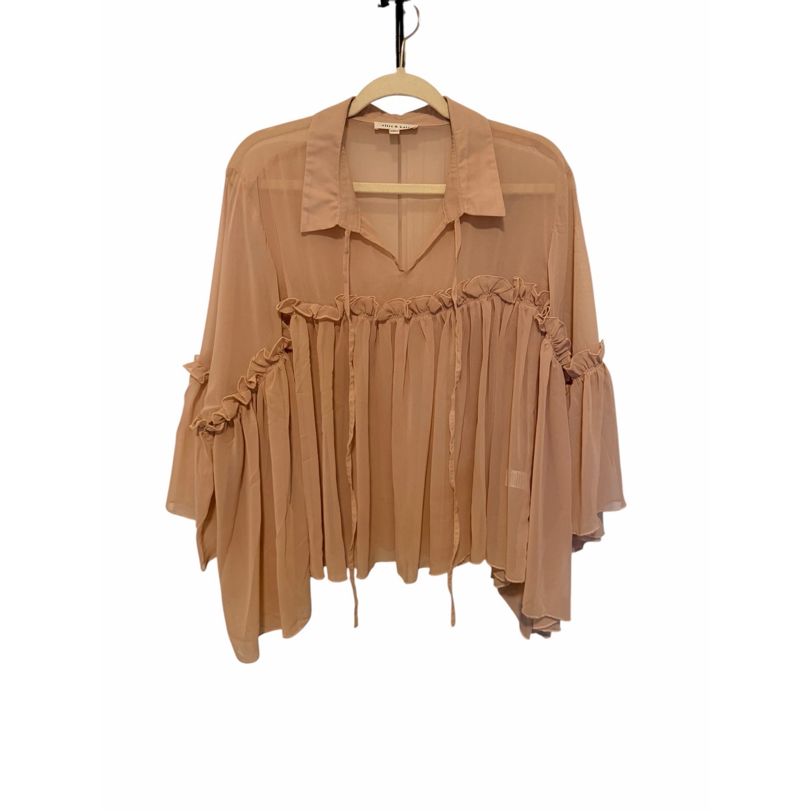 Ellie & Kate Women’s Small Light Pink Sheer Long Sleeve Tasseled Collar Blouse