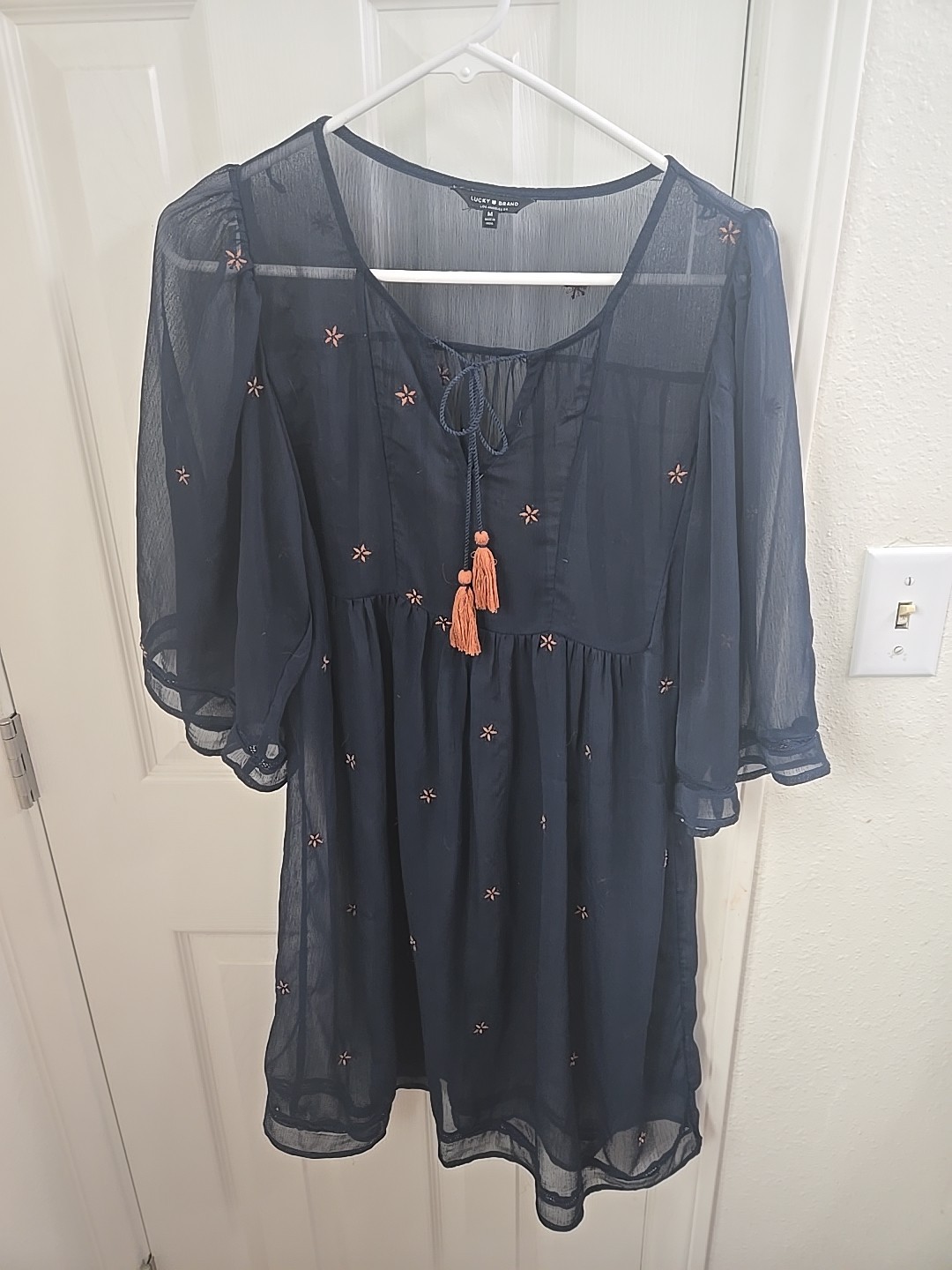Lucky Brand Coverup With Embroidery &Flare Sleeves Blue Sz M Fairy Whimsical
