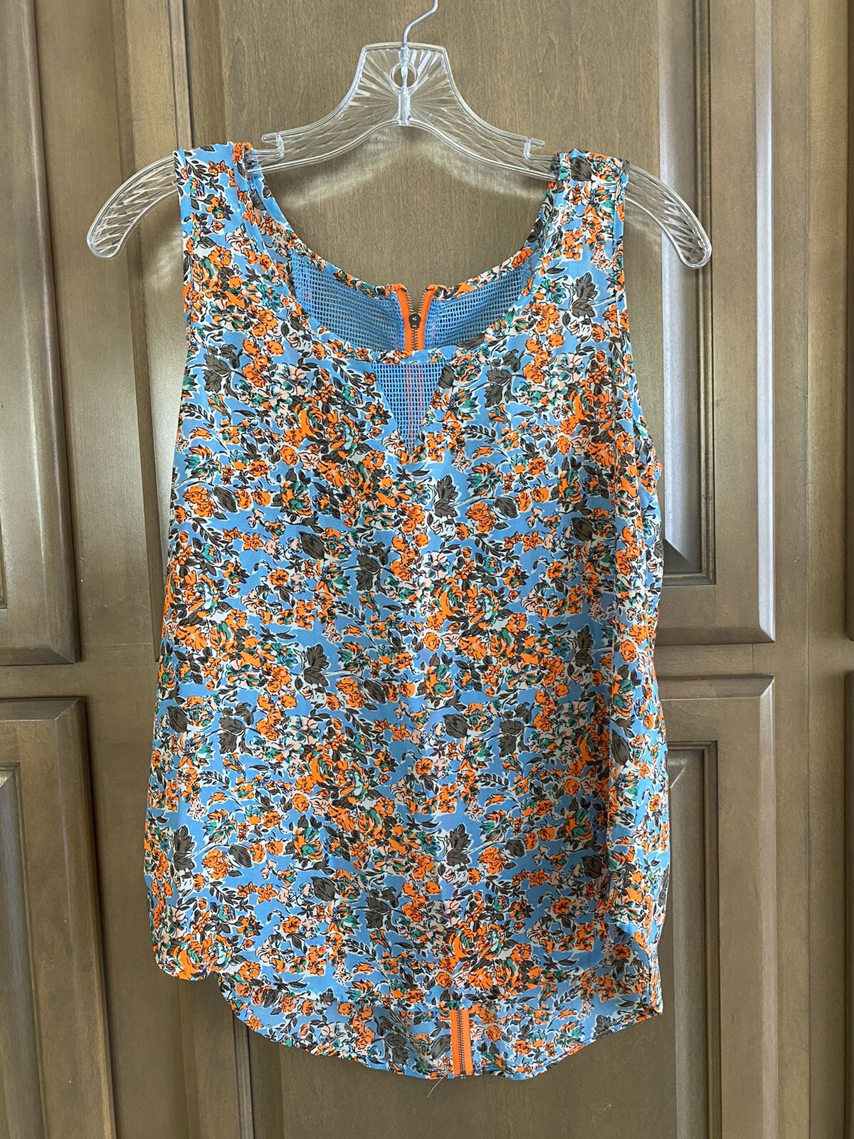 Womens Multicolor Floral Sleeveless Blouse ~ Size S ~ Neon Orange Zipper ~ New