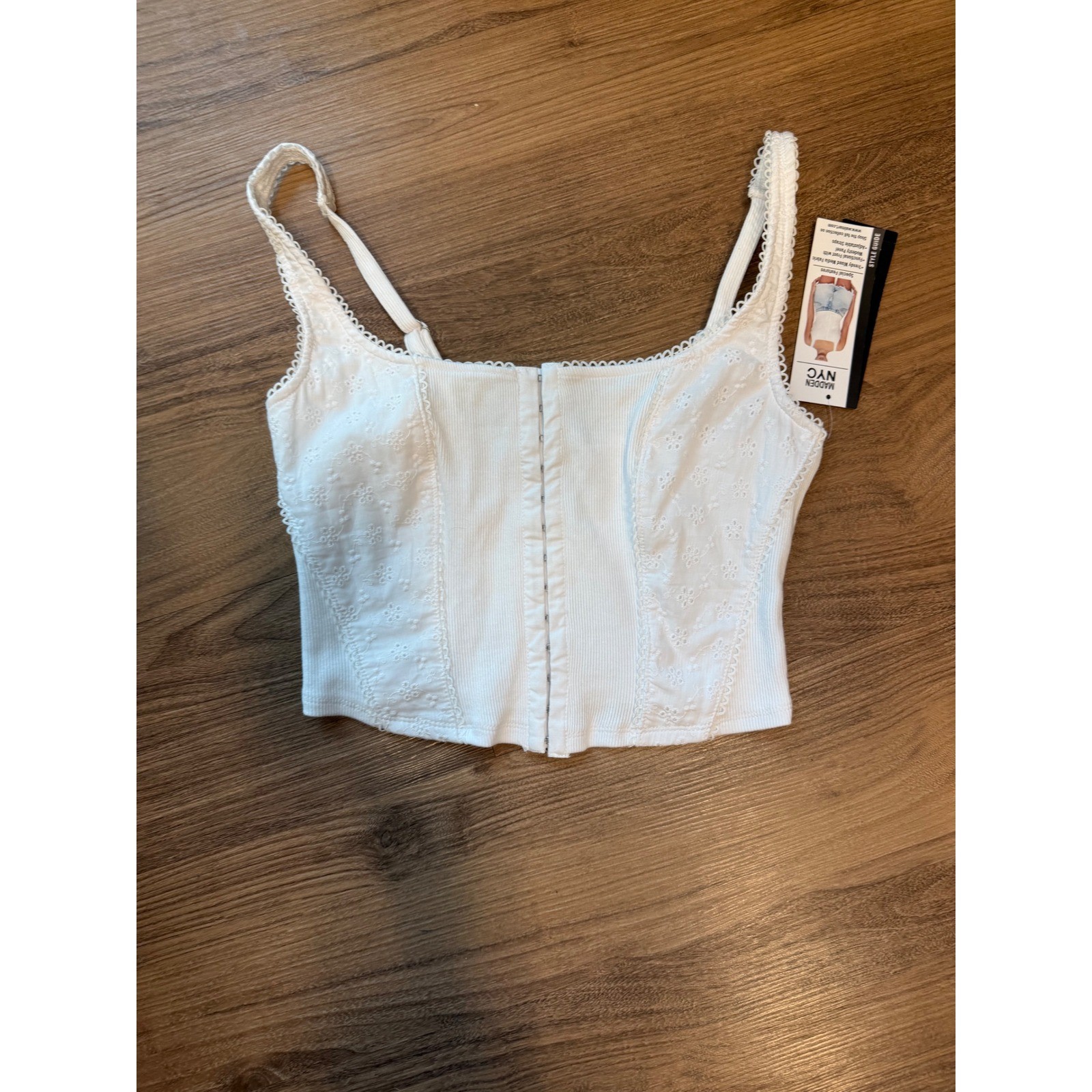 Madden NYC Women White Ribbed Eyelet Lace Corset Top Hook Eye Front NWT XS