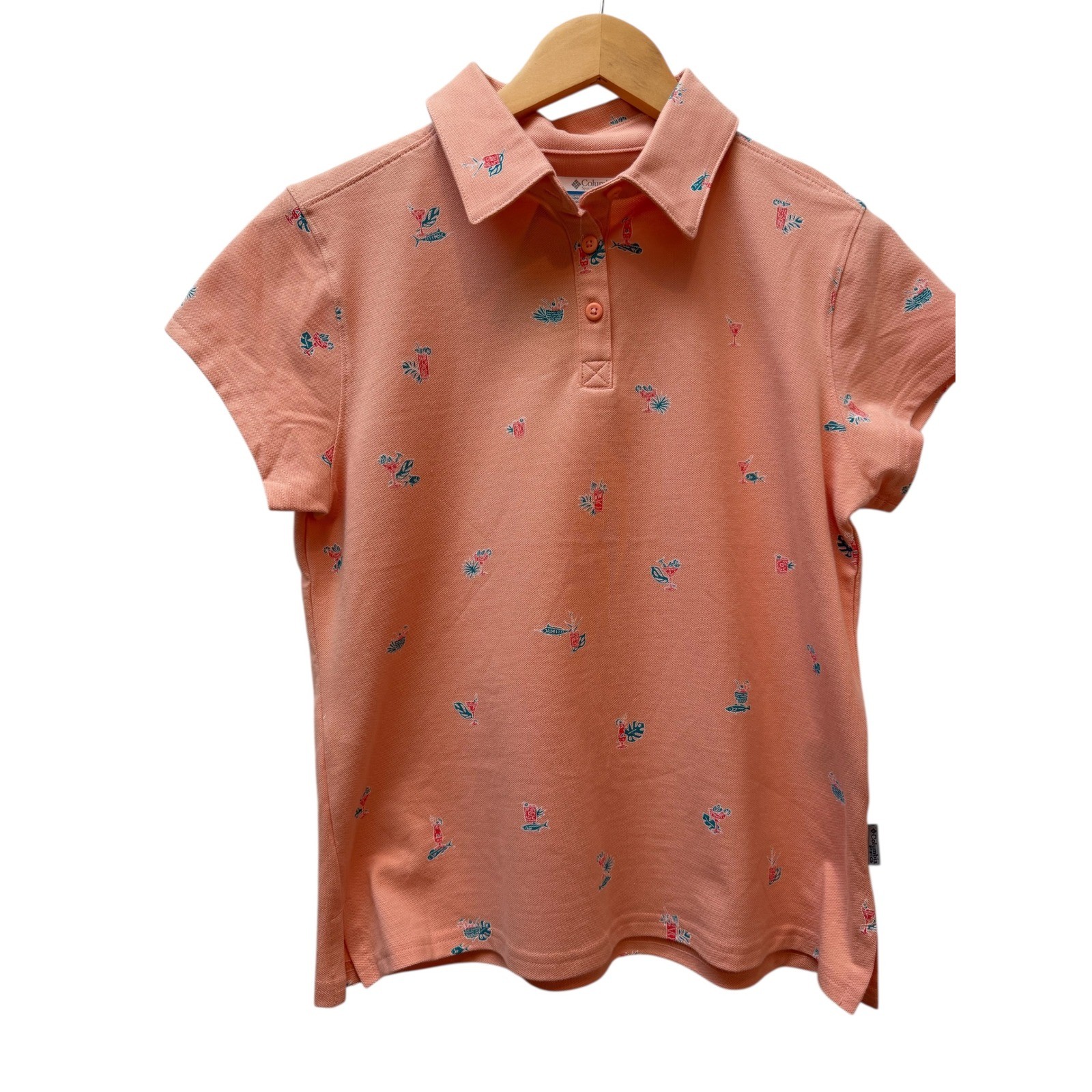 NWT Columbia Sportswear M South Sand Point Polo Shirt Peach Tropical Print