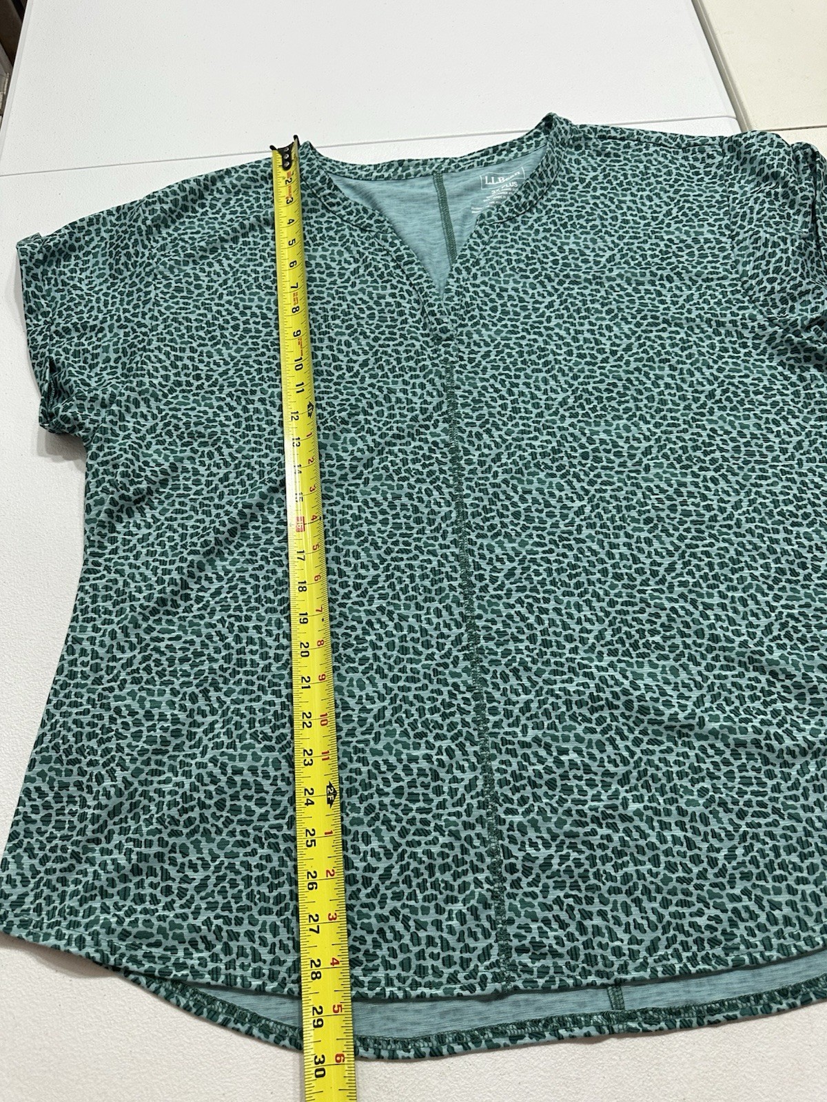 LL Bean Streamside Tee Womens 3X Green Split Neck Geo Print Outdoor Gorpcore