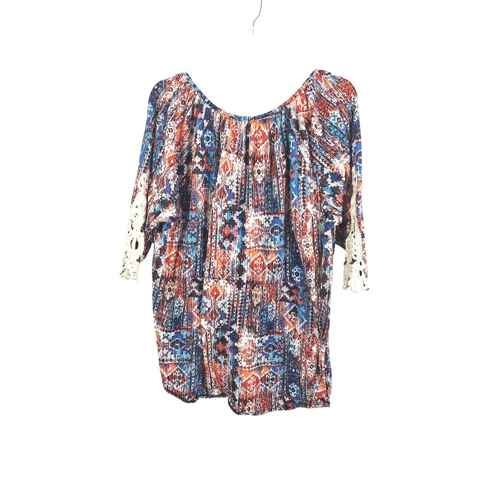 Boho Geometric Ikat Print Tie Front Top with Crochet Lace Sleeves Blue Orange XL