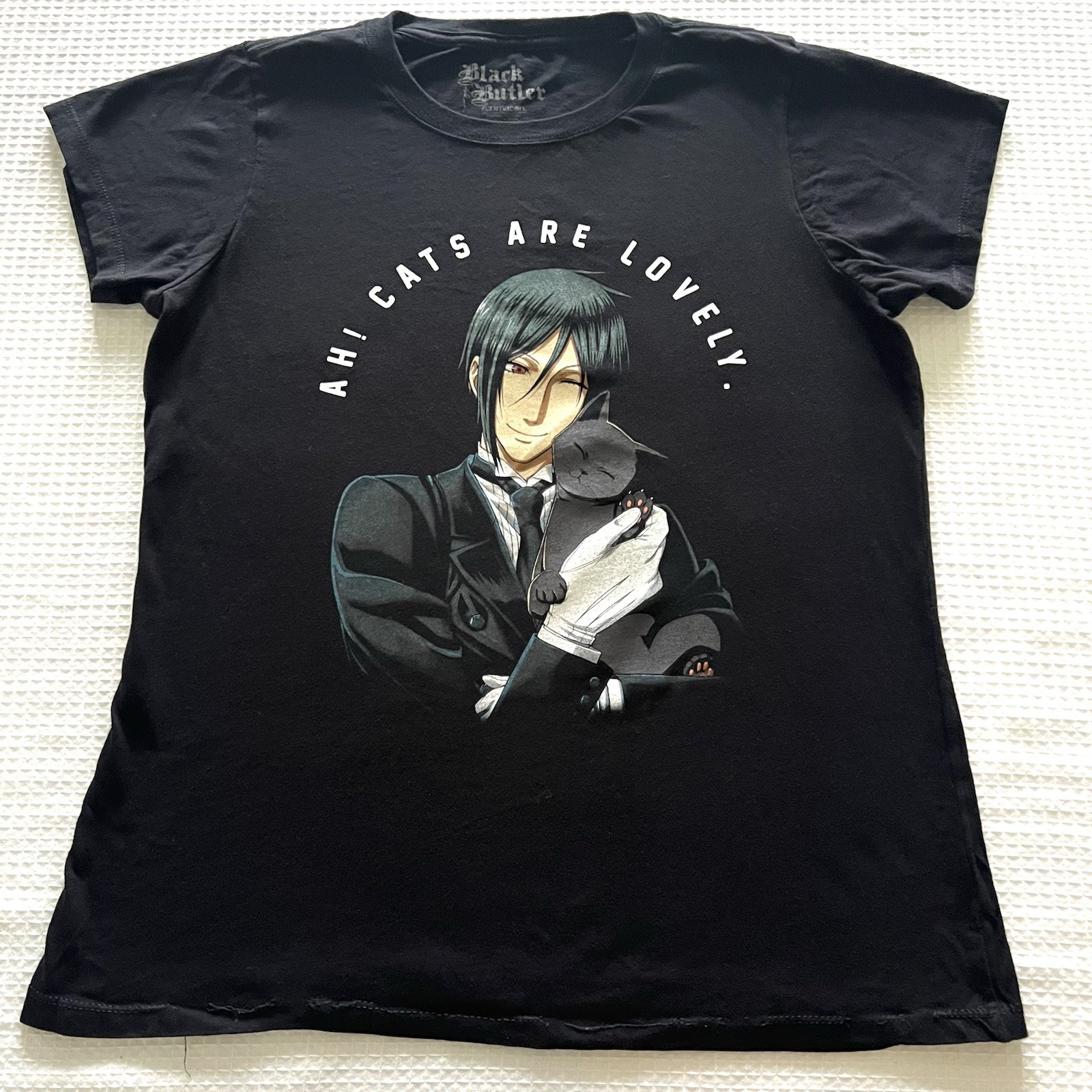 Black Butler Sebastian Cats Are Lovely Womens L Anime Graphic T-Shirt FLAW HEM