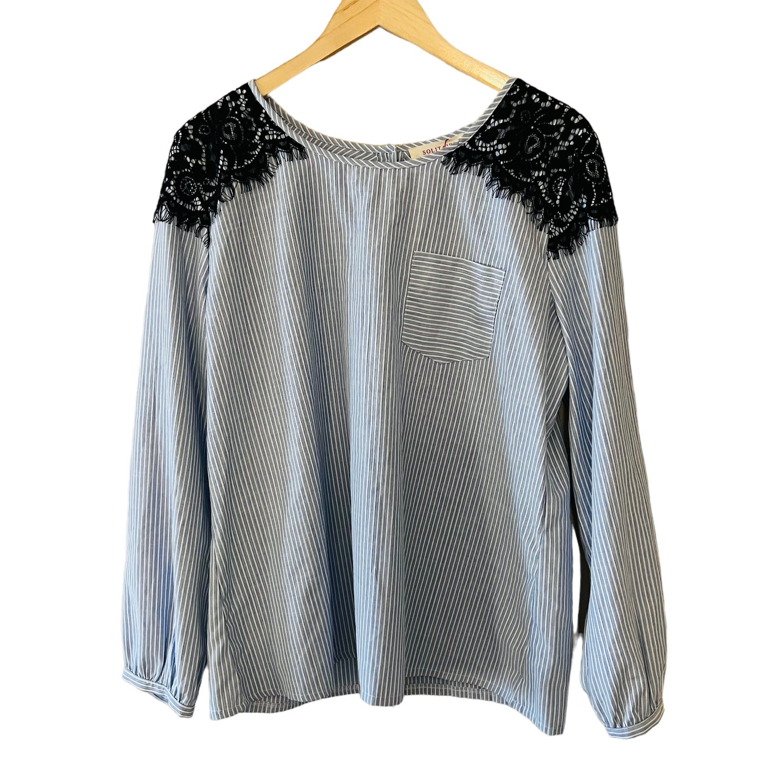 Solitaire Striped Lace Detail Long Sleeve Top Size XL Blue Black NWT