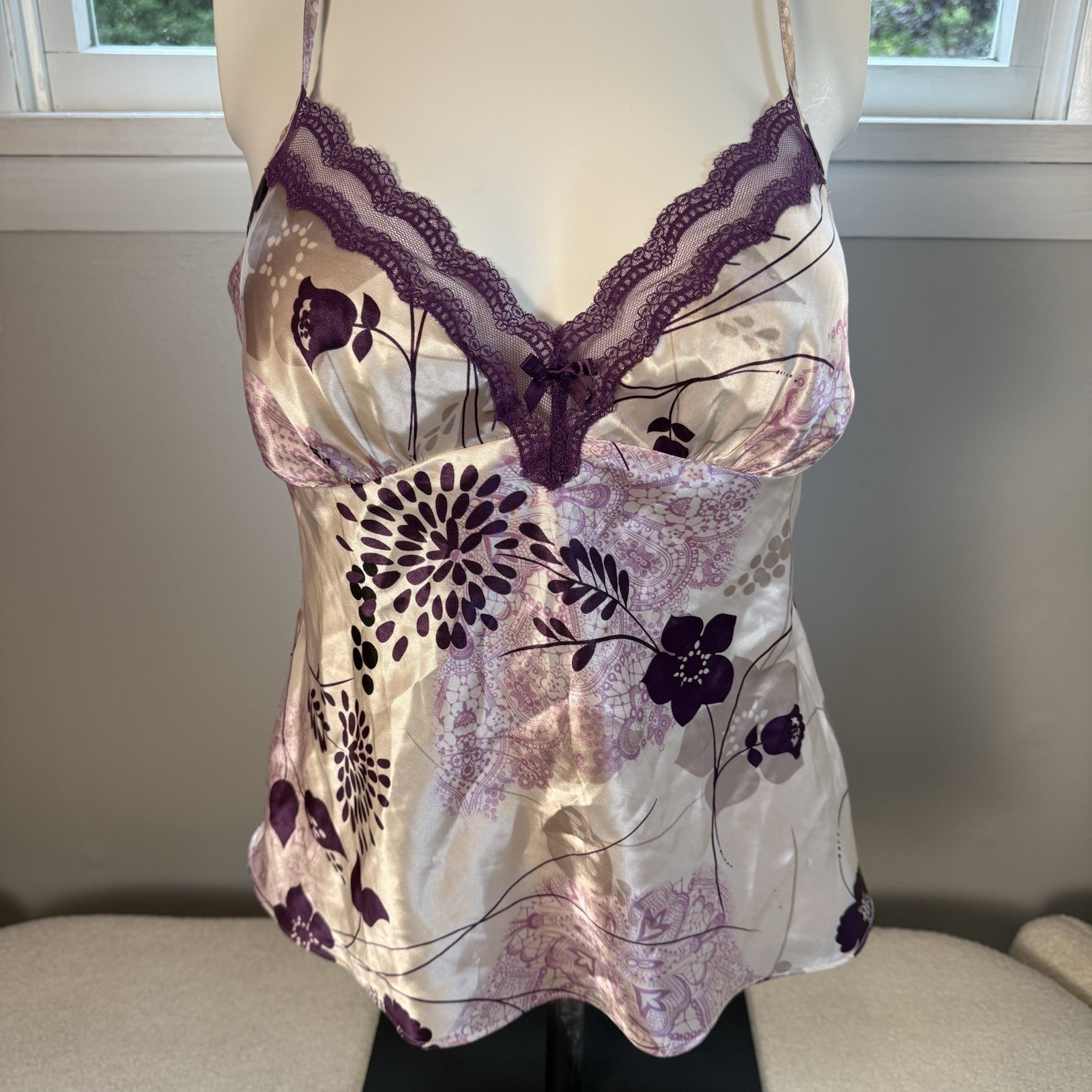 VTG Y2K Fairy Core Floral Lace Cami Top V Neck Whimsigoth Size Large Pink/purple