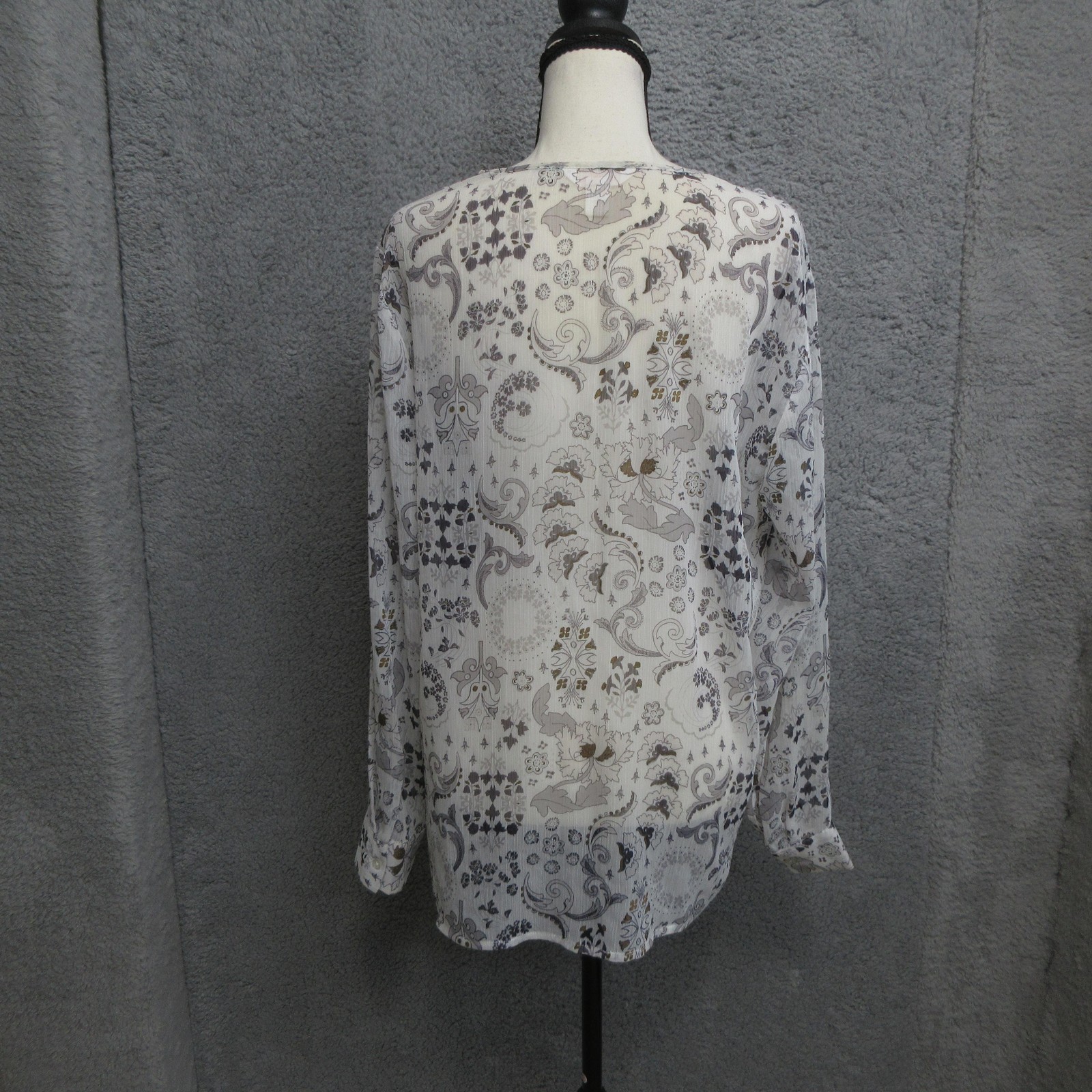 Joe Fresh Sheer Shirt Womens Medium White Paisley Pleated Preppy Neutral Casual