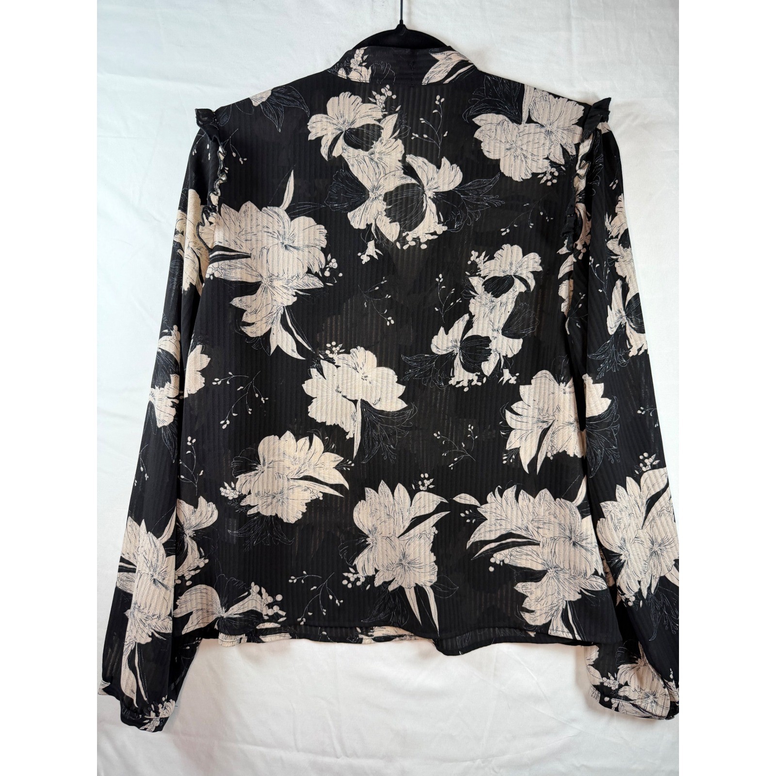 fab’rik Black Cream Floral Ruffle Shoulder Sheer Blouse sz Med feminine