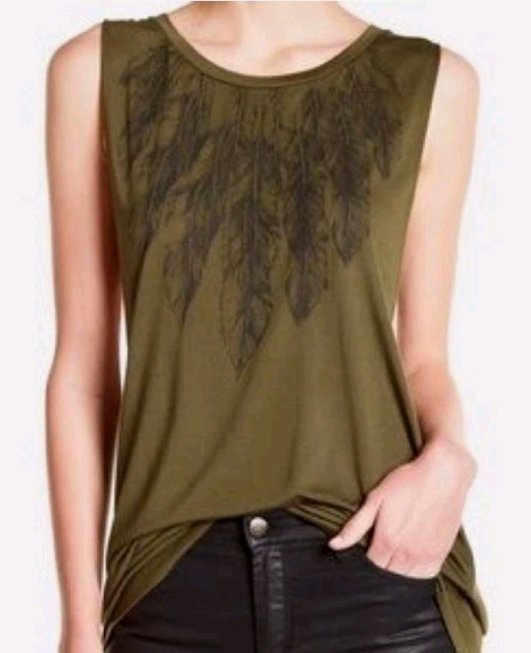 NWT! Haute Hippie Feathers Muscle Tank Military Green Sleeveless Shirt! Size S