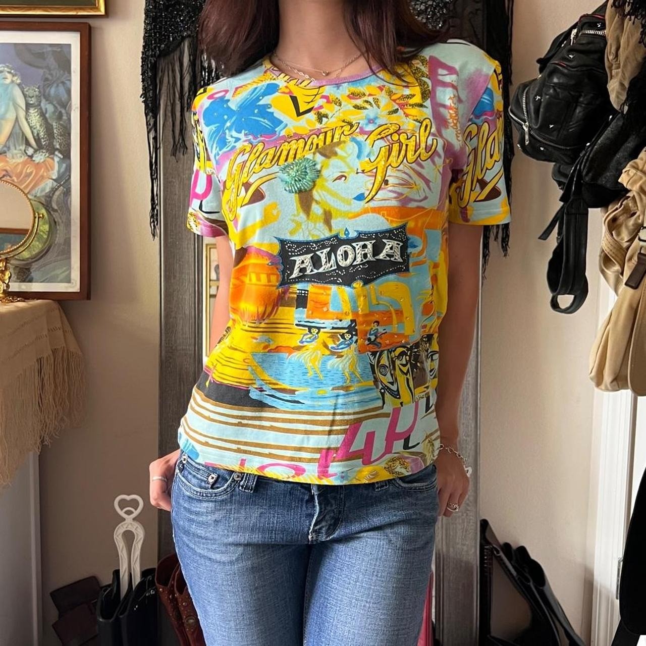 Evis Women Y2K Hawaiian Beaded Glamour Girl Aloha Baby Tee Multi Size L/XL