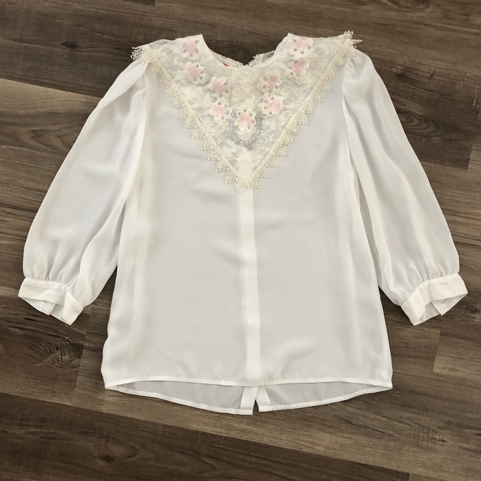 Nilani Vintage Modest White Long Sleeve Floral Lace Bib Collar Women 9/10
