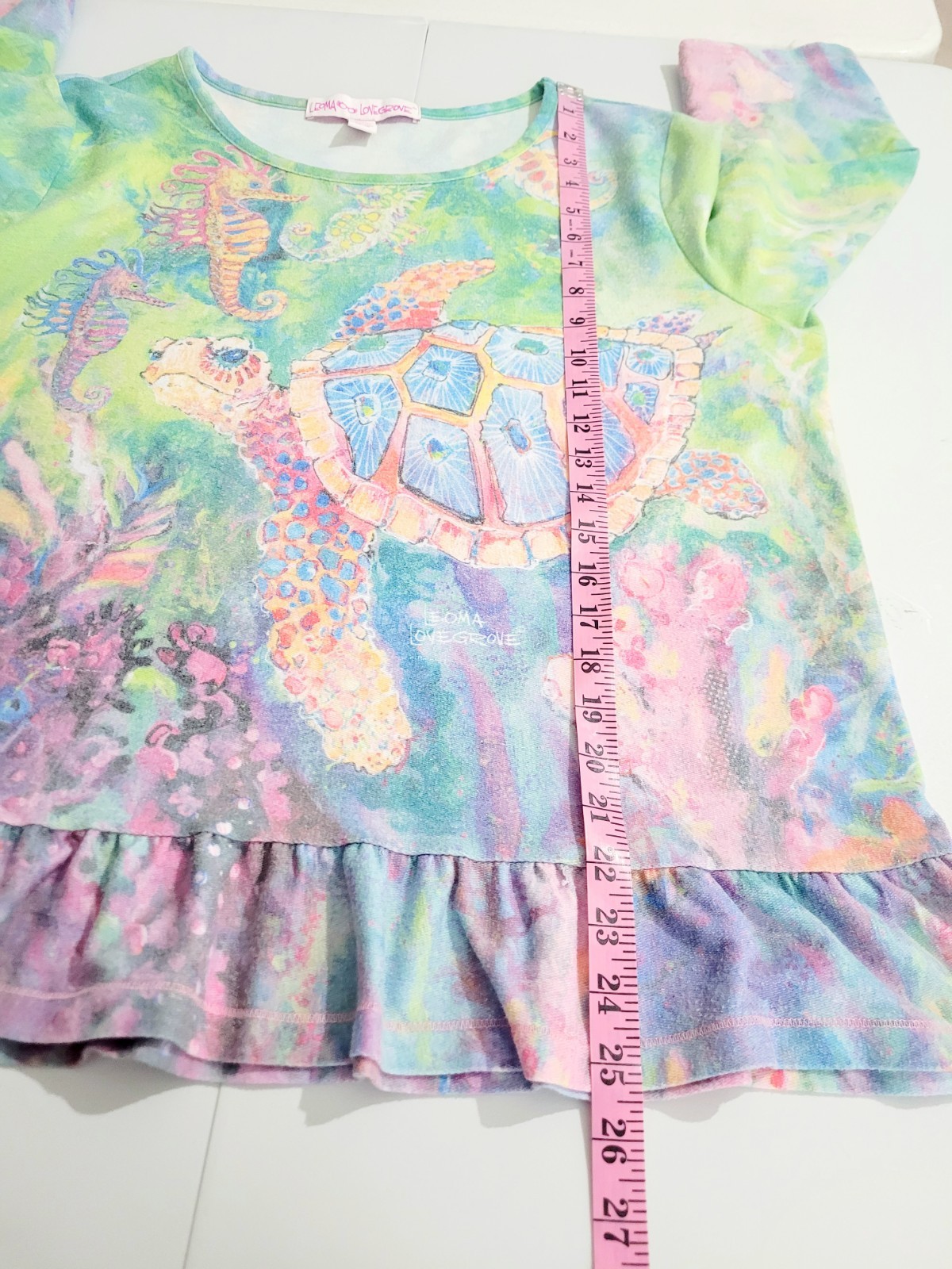 Leoma Lovegrove Size XL Sea Turtle Sweatshirt Coastal Art Ruffle Hem 3/4 Sleeve