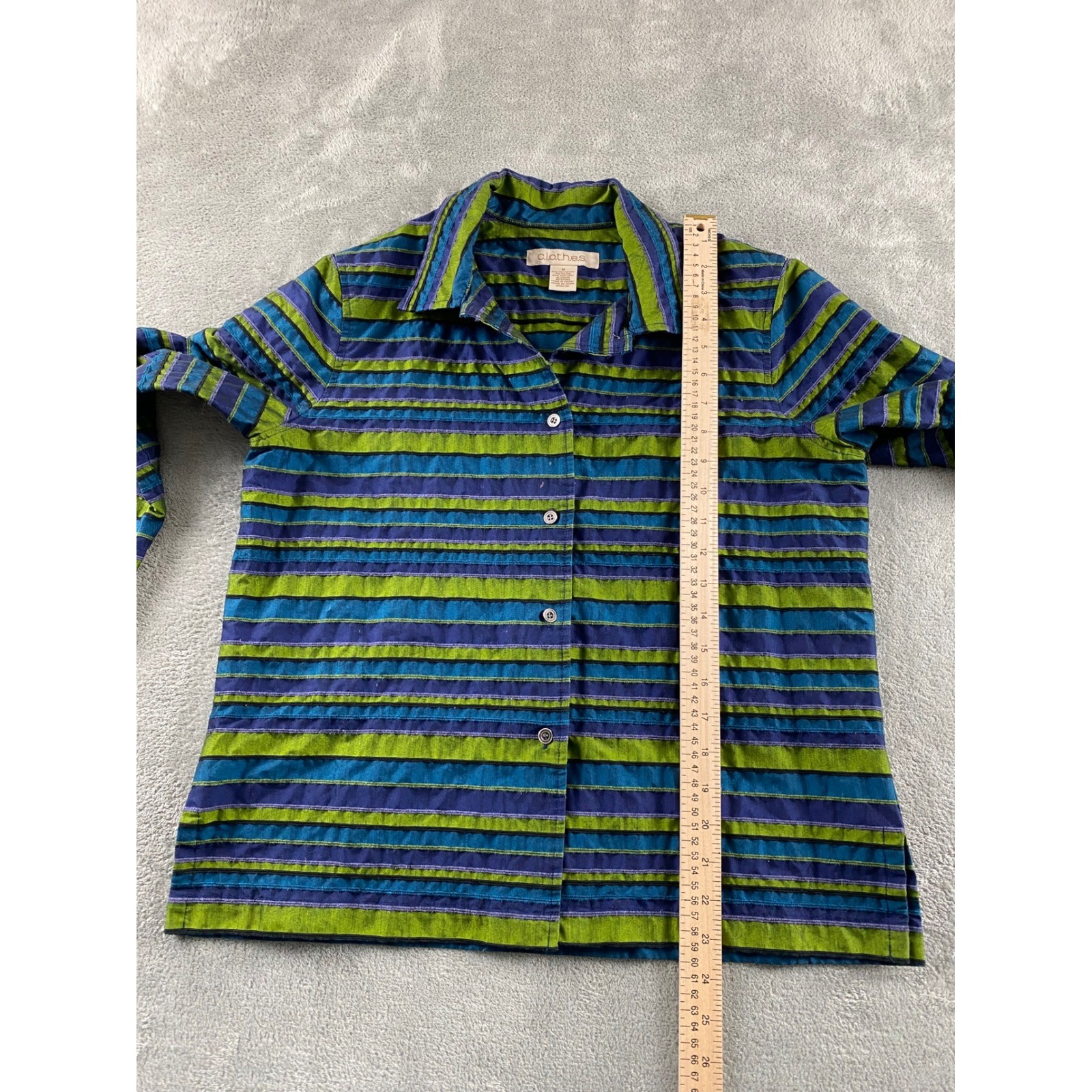 c.l.o.t.h.e.s. Womens M. Green Blue Striped Textured Button Down Shirt Blouse