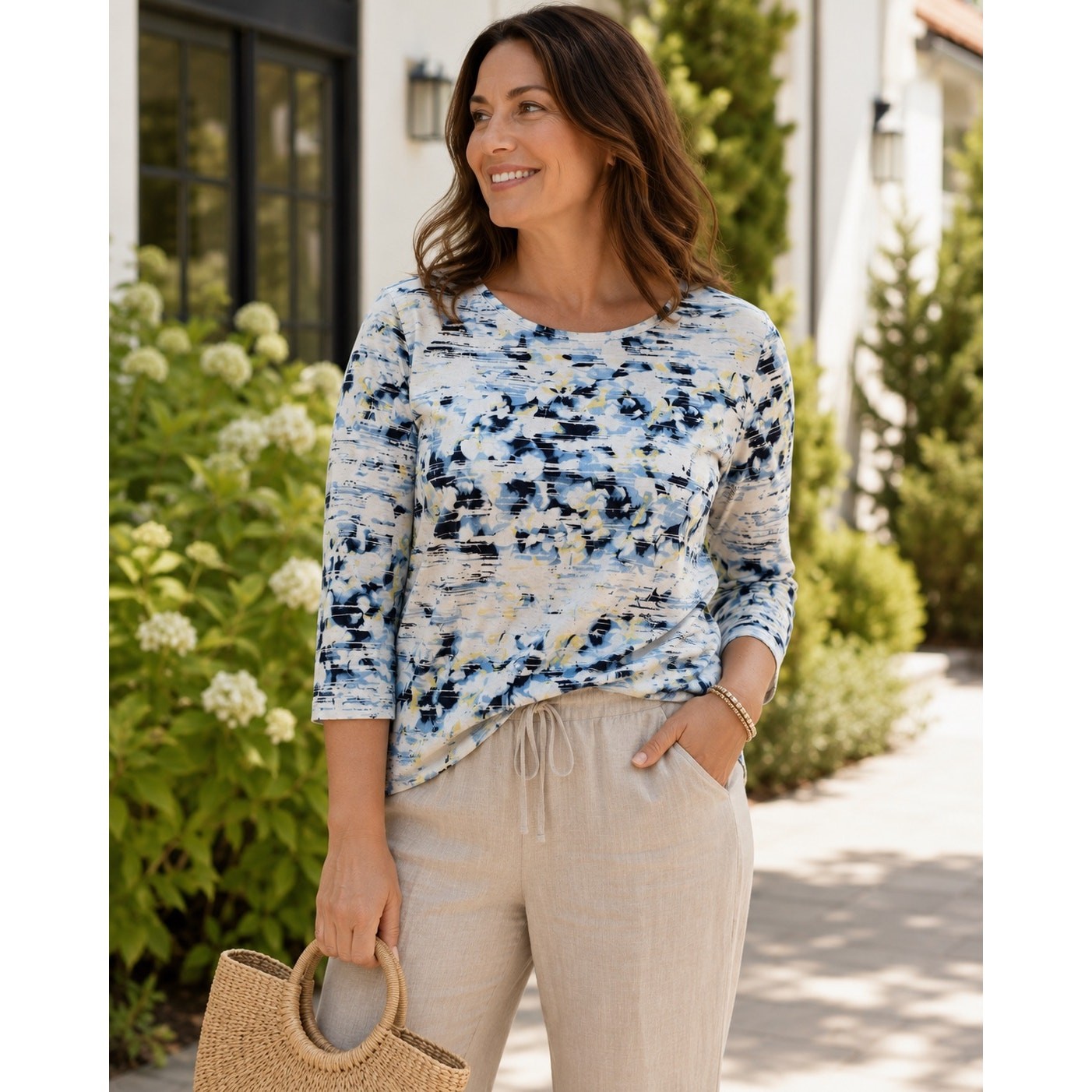 CJ Banks Floral Abstract Print Top 1X Blue White Yellow Cotton Modal 3/4 Sleeve