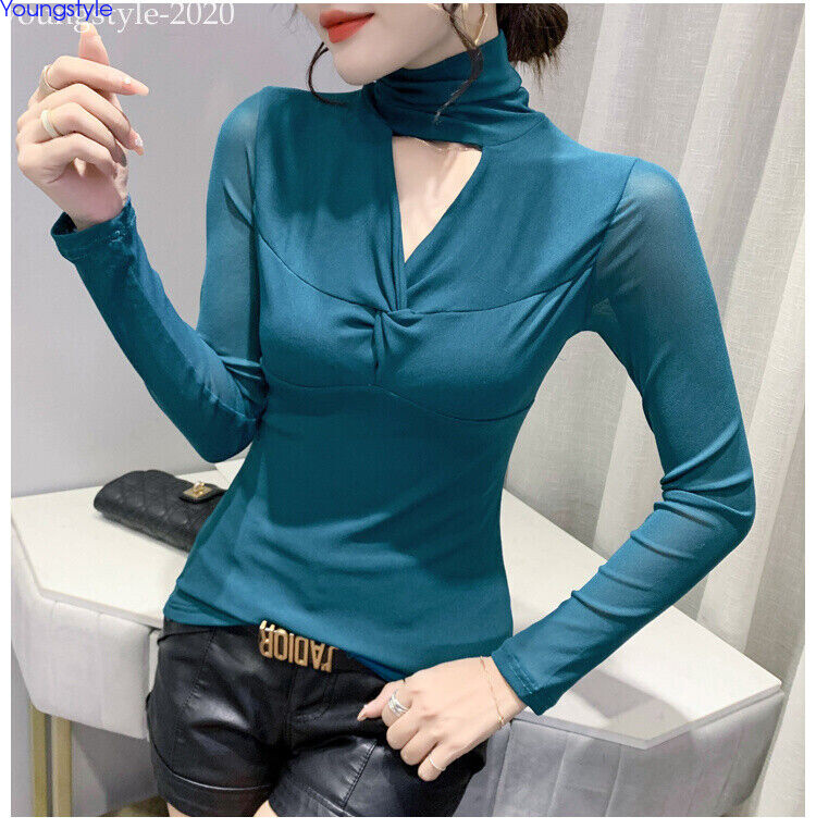Fall Winter Korean Women Keyhole High Neck Mesh Stretch Slim Pullover Top Blouse