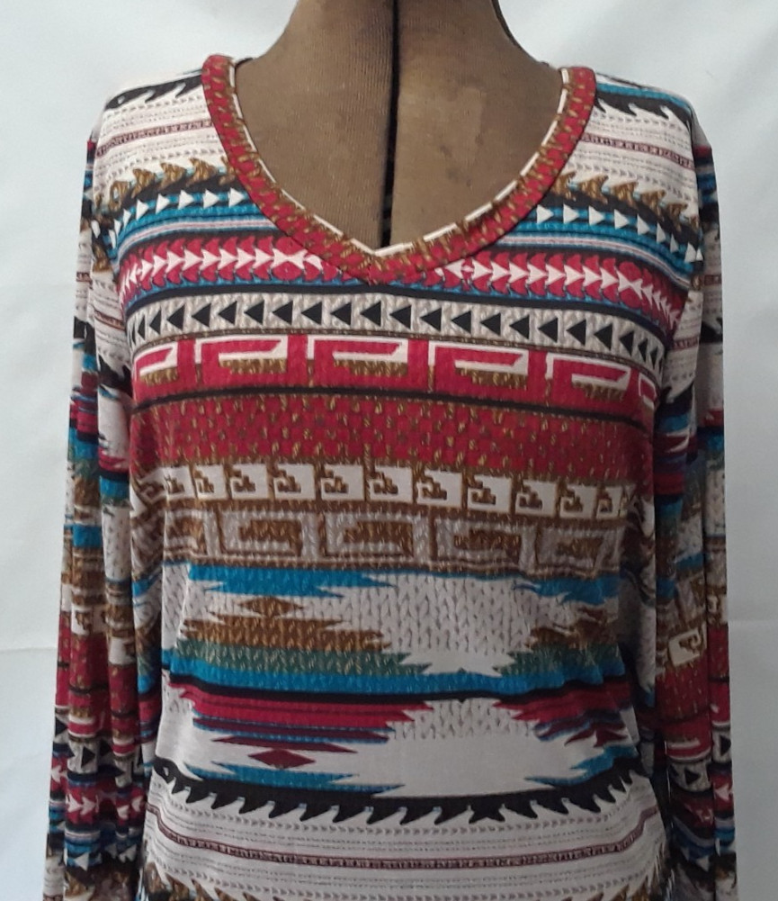 High Low Indian Theme V-Neck Quarter Sleeve Woman Size M Top NEW