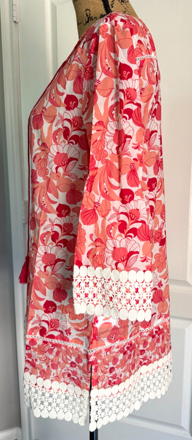 C Wonder Tunic V-Neck Coral Pink Floral Tassels Crochet Boho Cottage 10 Large