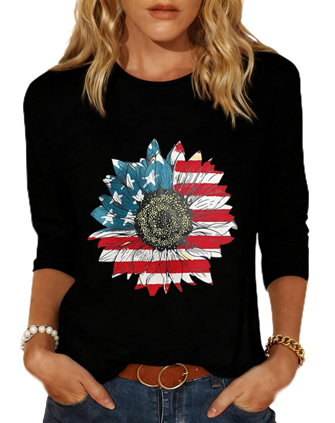 American Flag 3/4 Sleeve Shirts for Women 4th of July T-Shirt USA Flag Patrio…