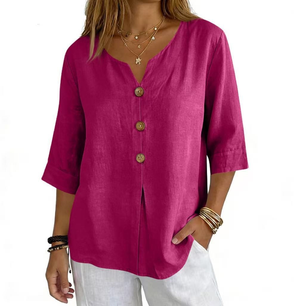 Womens Linen Button Down Shirt V Neck 3/4 Sleeve Loose Fit Casual Blouse Top