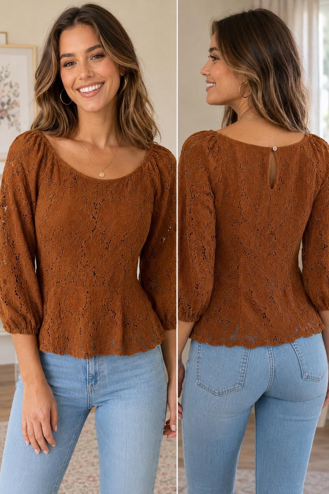 Dolan Left Coast Collection Women’s Lace Peplum Blouse Brown
